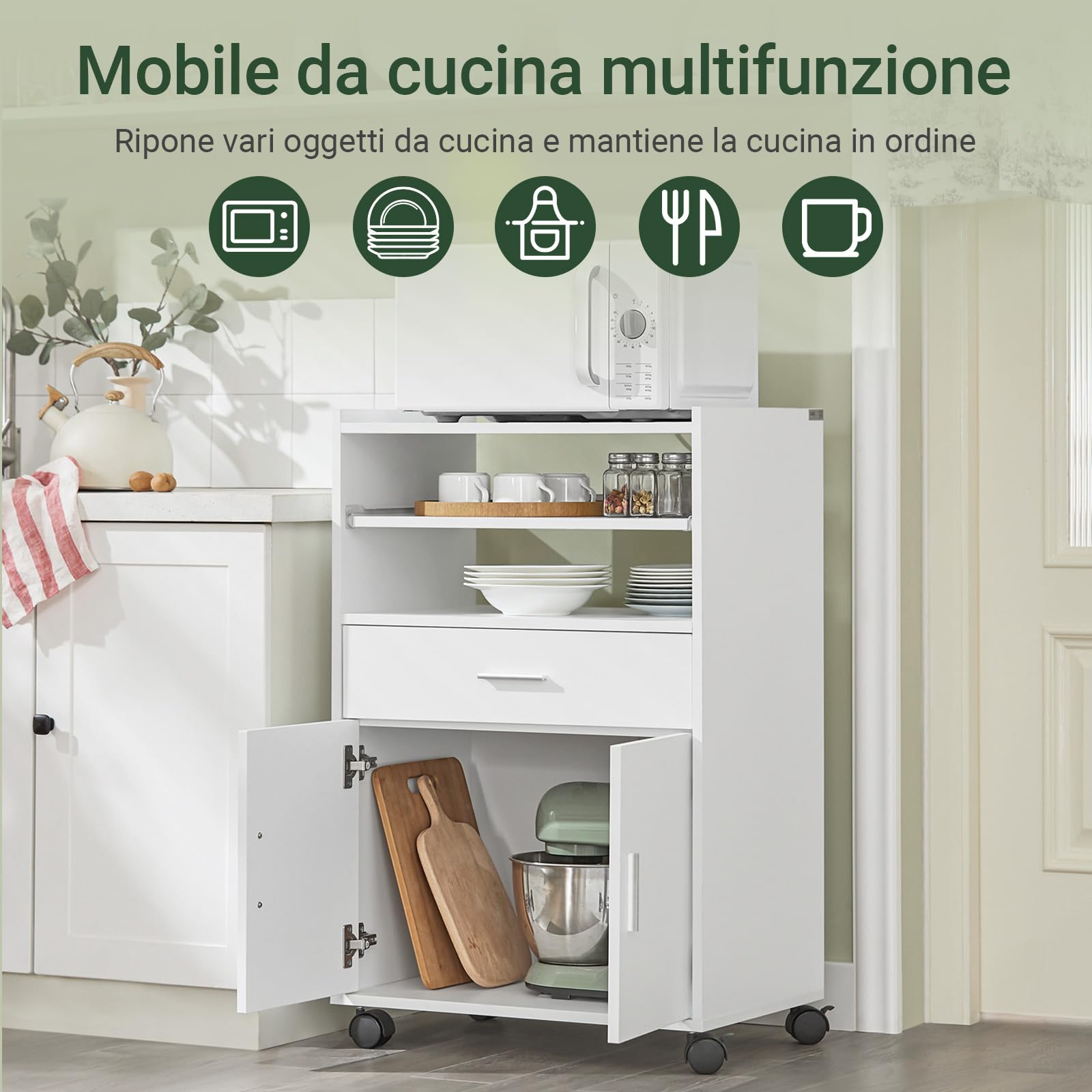 SoBuy Carrello Cucina con Ruote, Mobile Microonde con Piano Estraibile e Cassetto, Mobile Cucina Salvaspazio per Piccoli Ambienti, Cucina, Coffee Station e Soggiorno, Bianco 59×40×92 cm FSB09-W