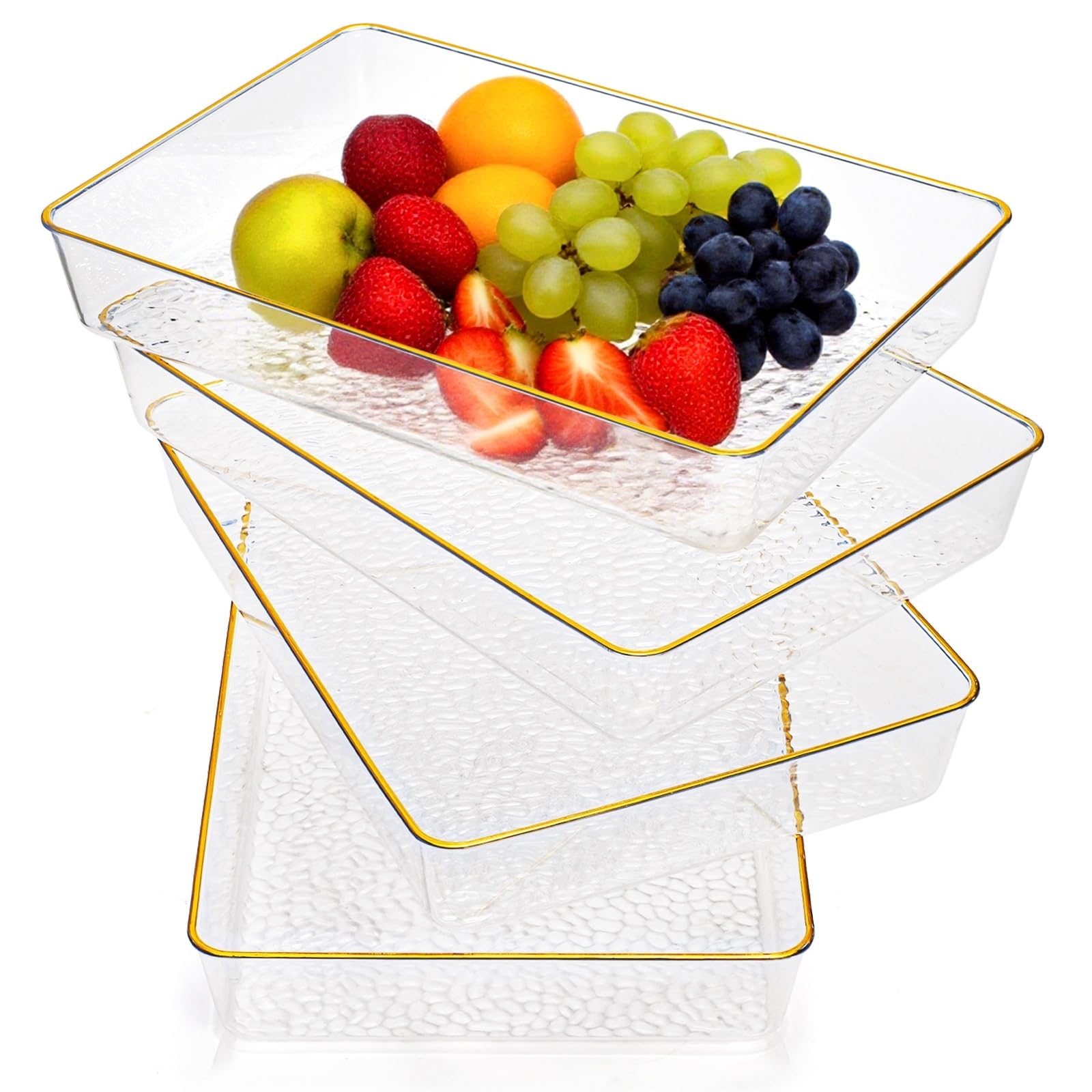 Cididu 4 Pack Clear Serving Trays, Deep Serving Platters Rectangle 12'' x 8'', Decorative Tray with Gold Rim, Reusable Plastic Tray Organizer for