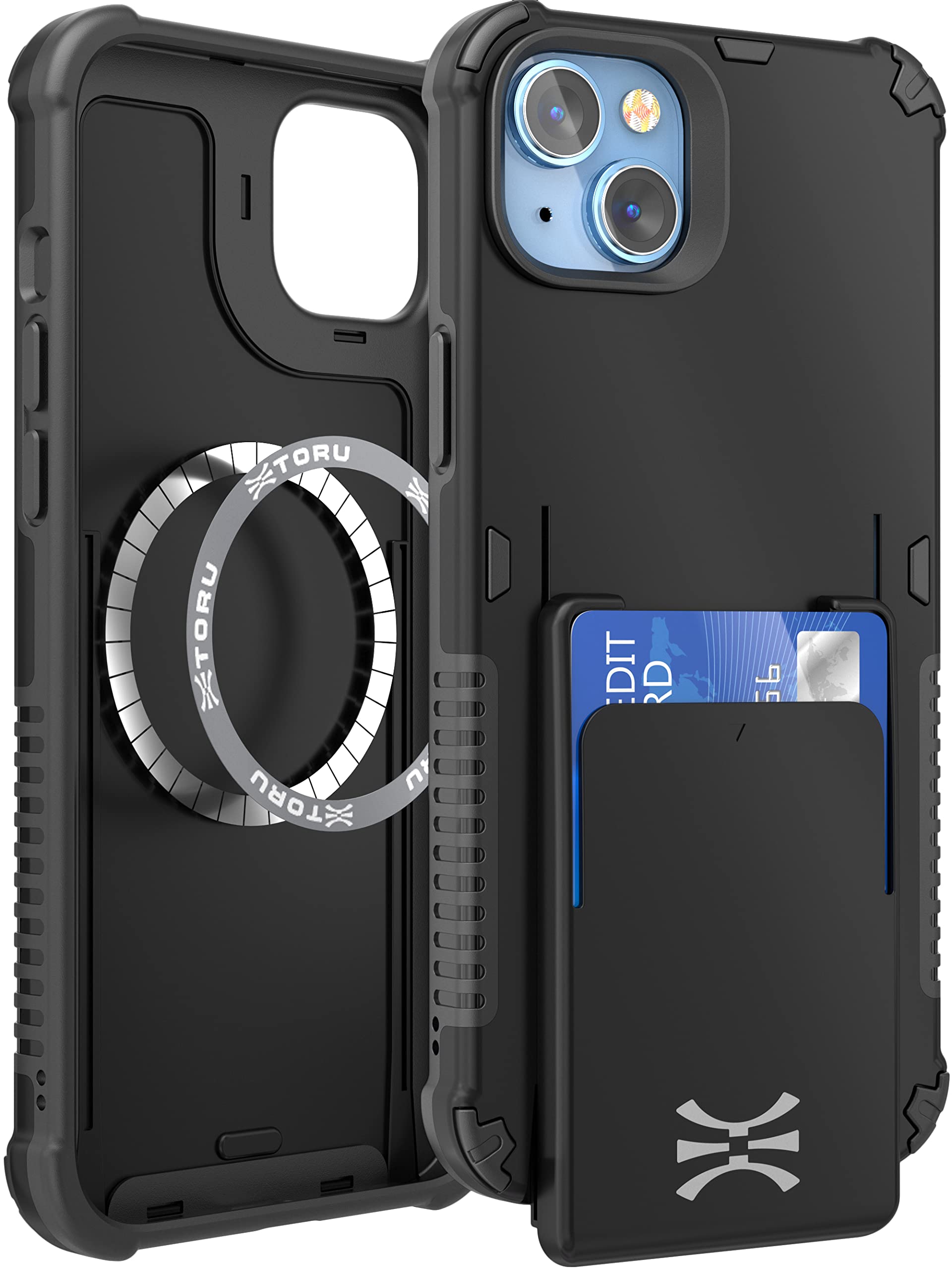 TORUMX PRO for iPhone 14 Slim Hard Wallet Case | Dual Layer Protective Shockproof Cover with Built-in Magnets for MagSafe Compatible | Detachable Sliding Card Holder for 3 Cards - Black