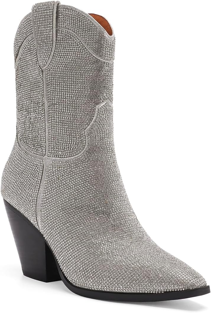 Women's Rhinestone Buckle Boots Ankle Boots Cowboy Boots Stacked Block Heel Boots Cowgirl Boots Pointed Toe Boots