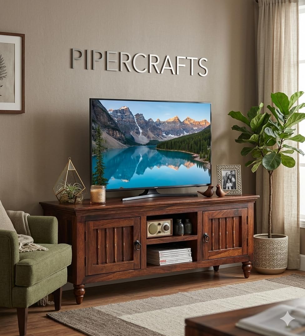 PIPERCRAFTS Sheesham Wood TV Stand - Already Assembled - Shelf Storage for Living Room Home Entertainment Unit Center Console TV Table Wooden Tv Cabinet - Natural Brown Finish-picture-27