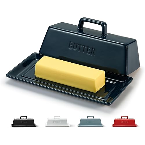 Kook Ceramic Butter Dish with Lid, Kitchen Countertop Butter Keeper, Serving Tray with Cover, Storage Container, Holds 1 Stick, Microwave and Dishwasher Safe, Navy Teal