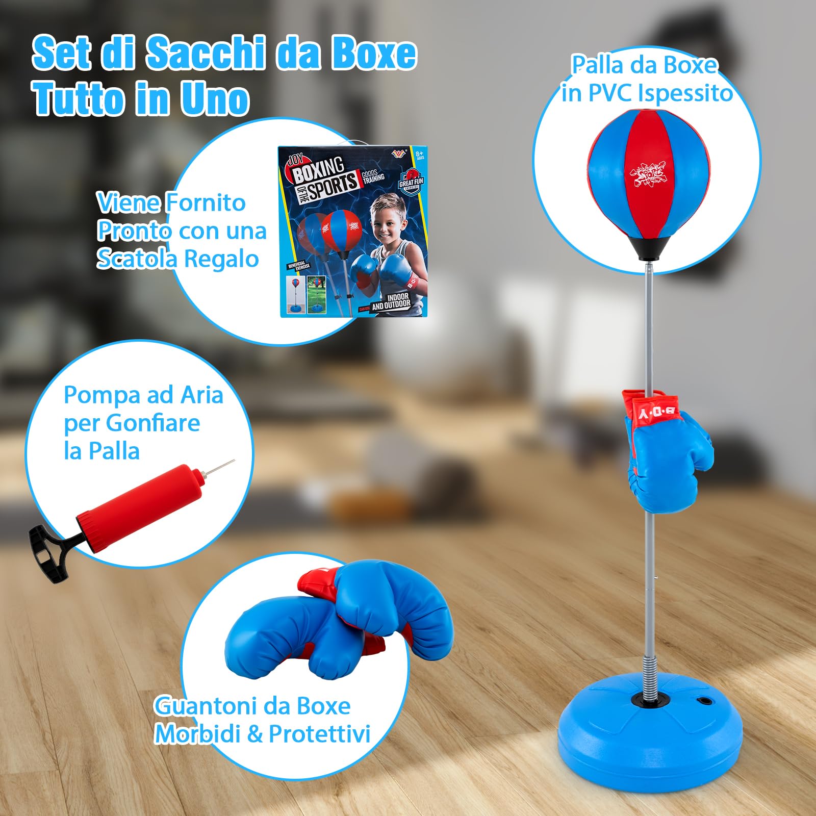 RELAX4LIFE Punching Ball con Guantini per Adulti e Bambini, Sacco da Boxe con Altezza Regolabile 120-154 cm, Palla di Pugilato da Terra con Base Stabile