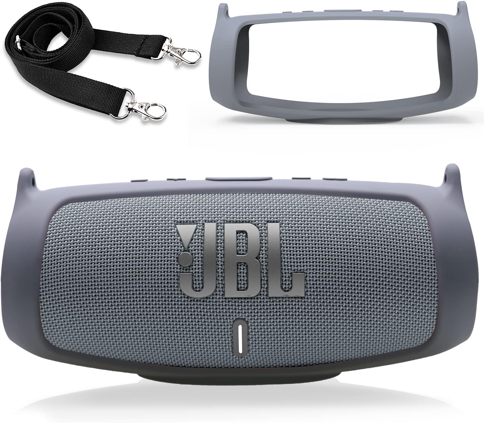 LTGEM Silicone Case Cover for JBL Charge 5 Speaker,Travel Protective Carrying Gel Soft Skin, Waterproof Rubber Pouch with Shoulder Strap(Grey)