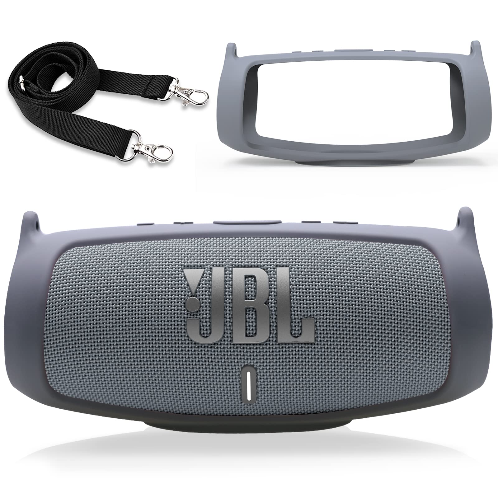 LTGEM Silicone Case Cover for JBL Charge 5 Speaker,Travel Protective Carrying Gel Soft Skin, Waterproof Rubber Pouch with Shoulder Strap(Grey)