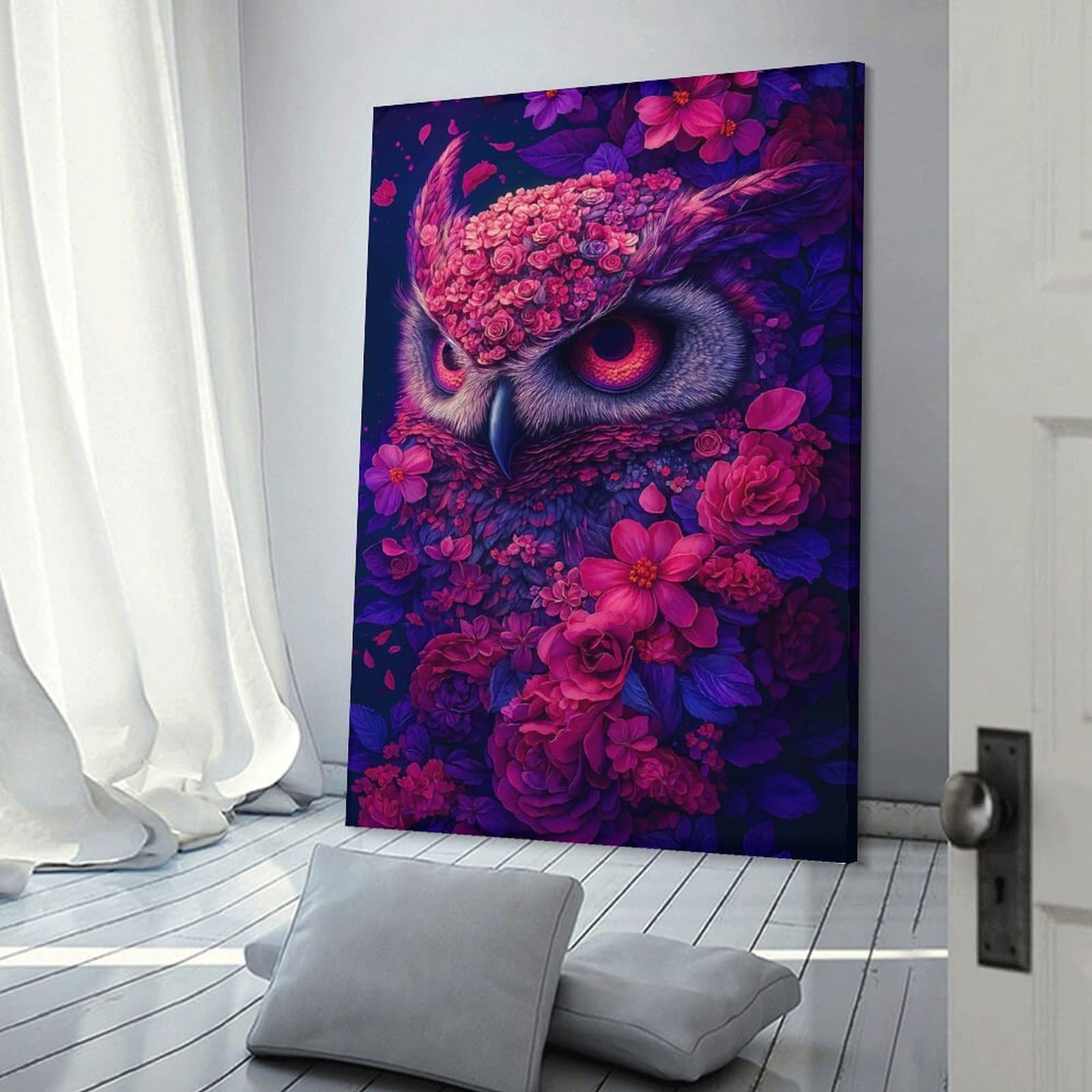 Junmoney Floral Owl Portrait Wall Picture Print, 24x36inch(60x90cm), for Flats, Guest Rooms Or Compact Rooms, Decorative Canvas Decor for Home Updates