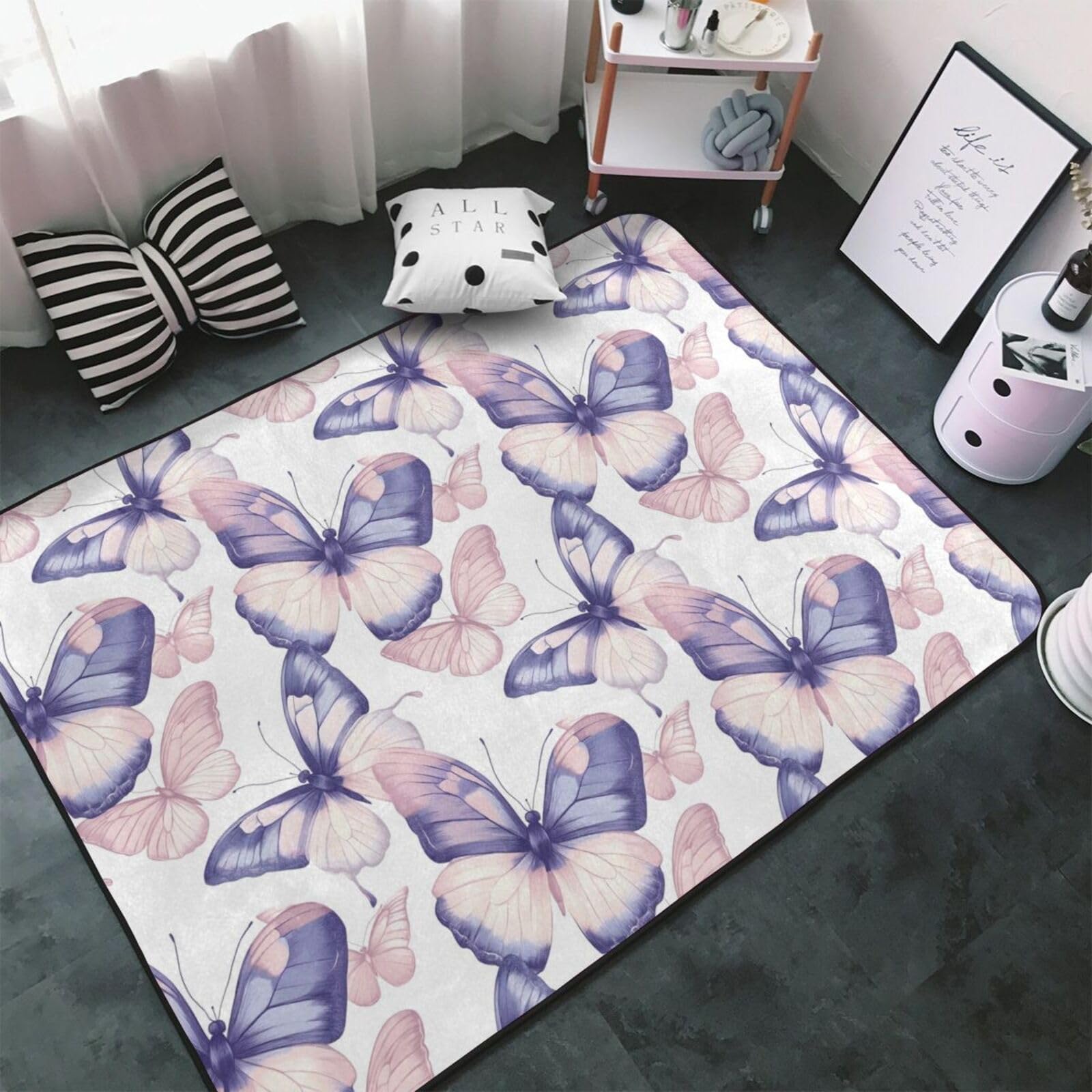 Tapis lavable motif papillon rose doux 152x99 cm antidérapant et facile à entretenir