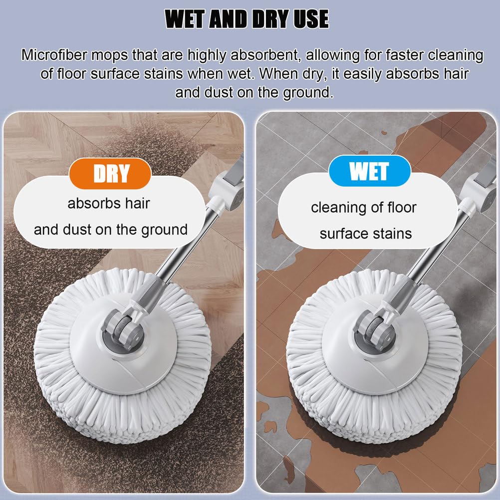 Juego de fregona giratoria y Cubo con escurridor, Sistema de Cubo y fregona Giratorio de 360° con 3 recambios de fregona de Microfibra para Limpieza de Suelos