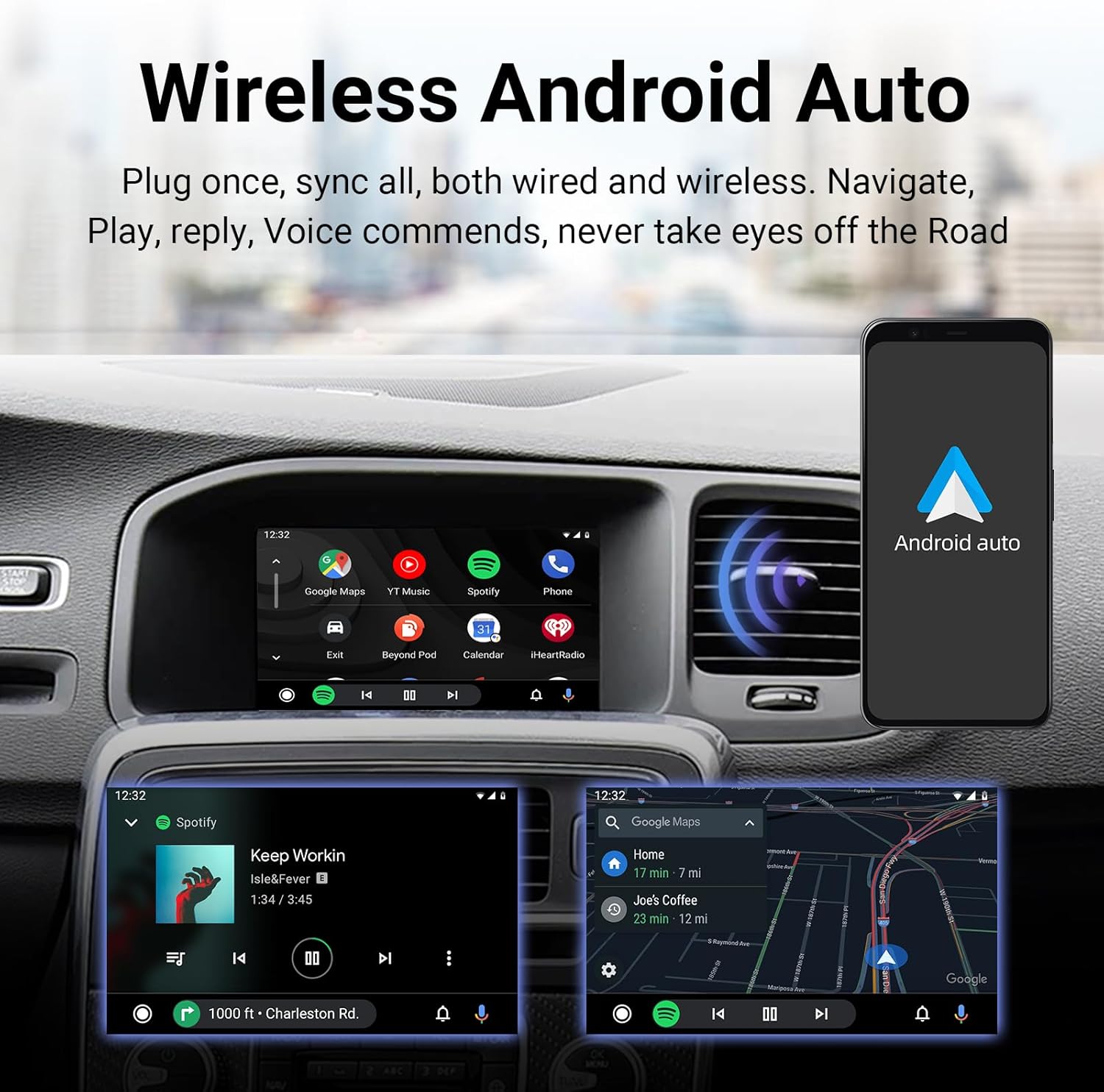 Screenshot of Wireless Android Auto interface on car screen and Android phone