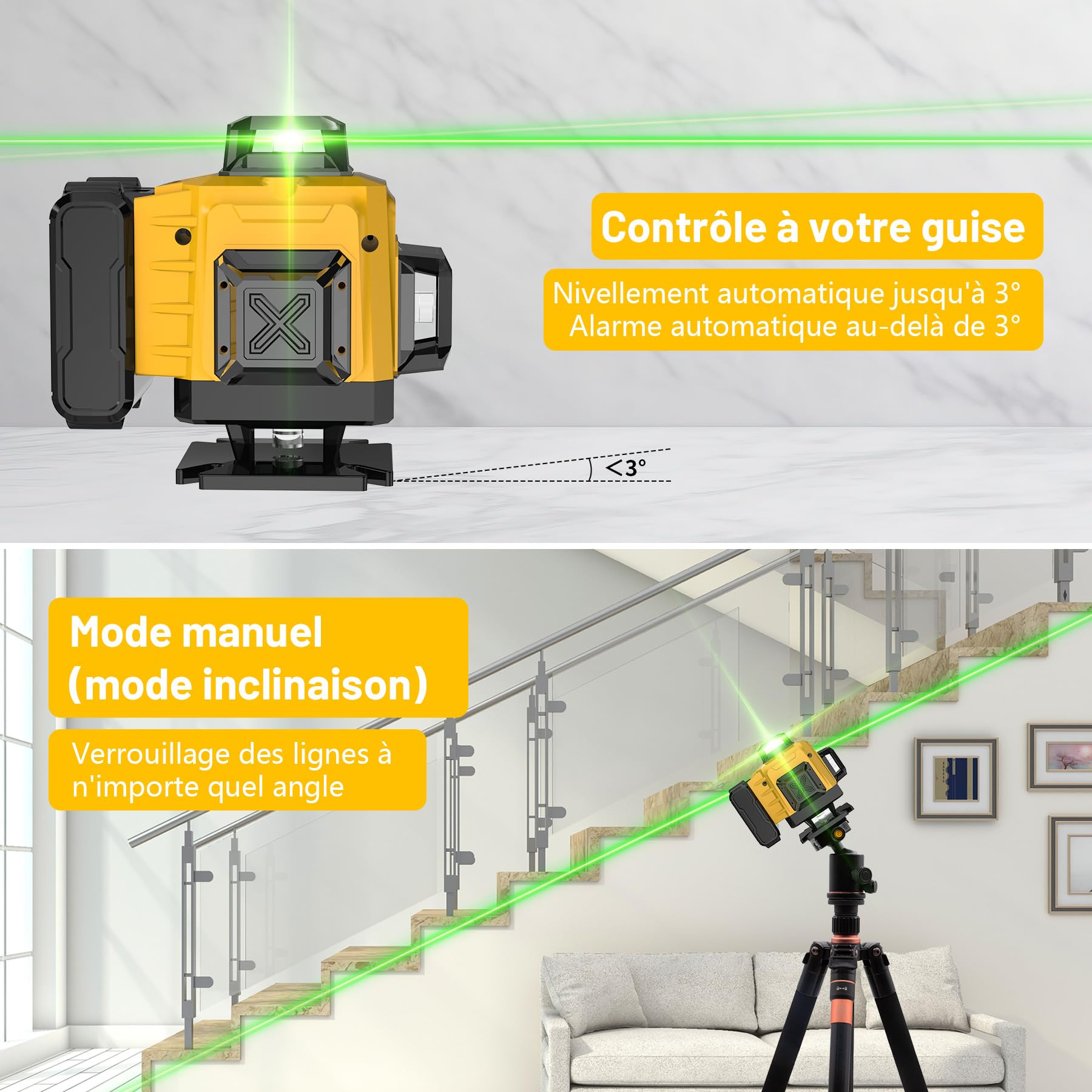 Niveau Laser Chantier Autonivelant 4 x 360°, 4D 16 Lignes Lazer Niveaux avec 4800mAh Batterie, Mode Impulsion ExtéRieur, Télécommande, IP54 Étanche et Anti-Poussière