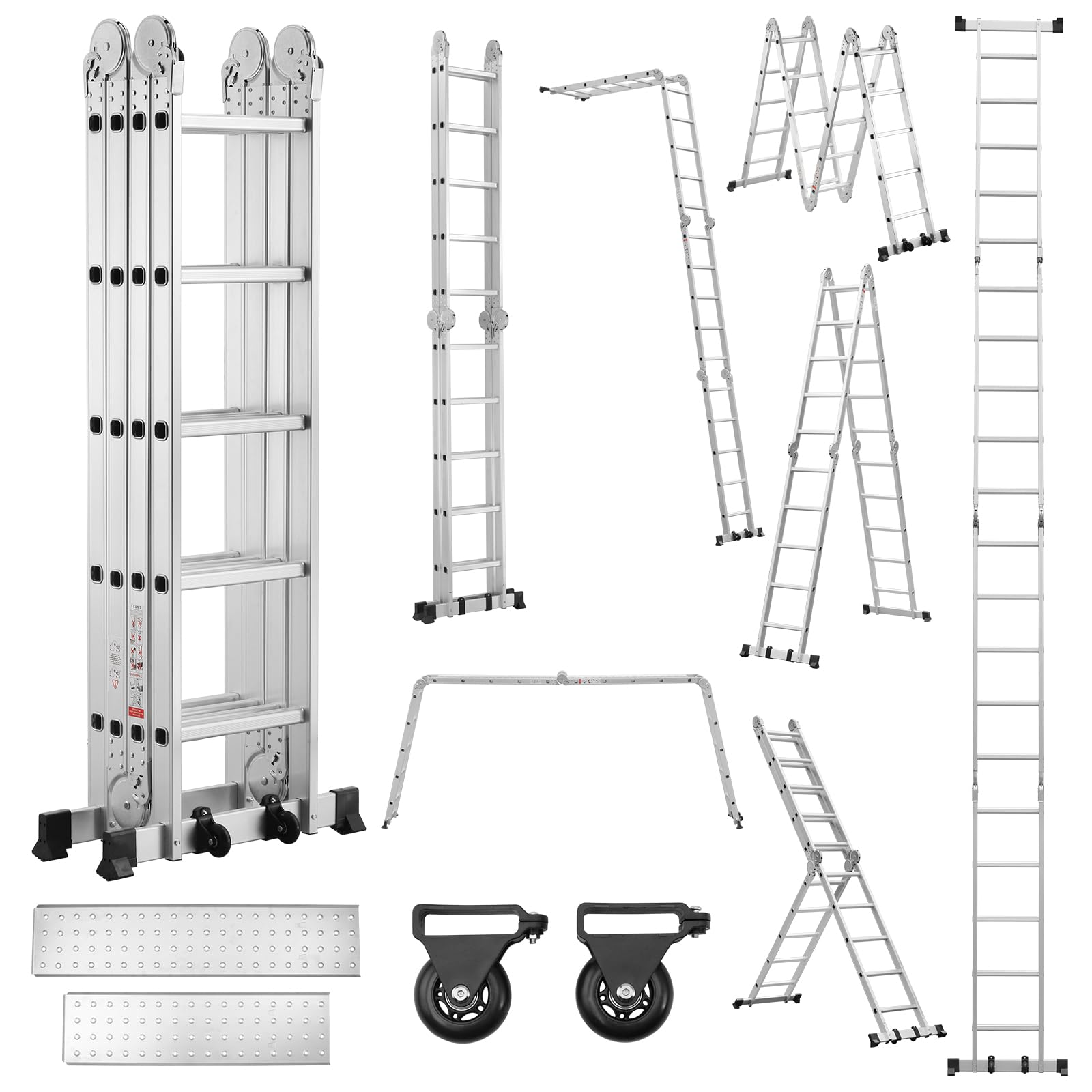 TEENO Escalera Multiusos 7 en 1, 4x5 Escalones 5.82 M de Aluminio, Escalera multifunción con 2 Plataformas y 2 Ruedas Rimovibili, 20 Peldaños, Carga Máxima de 150 kg, para Pintar, Techos, Jardín