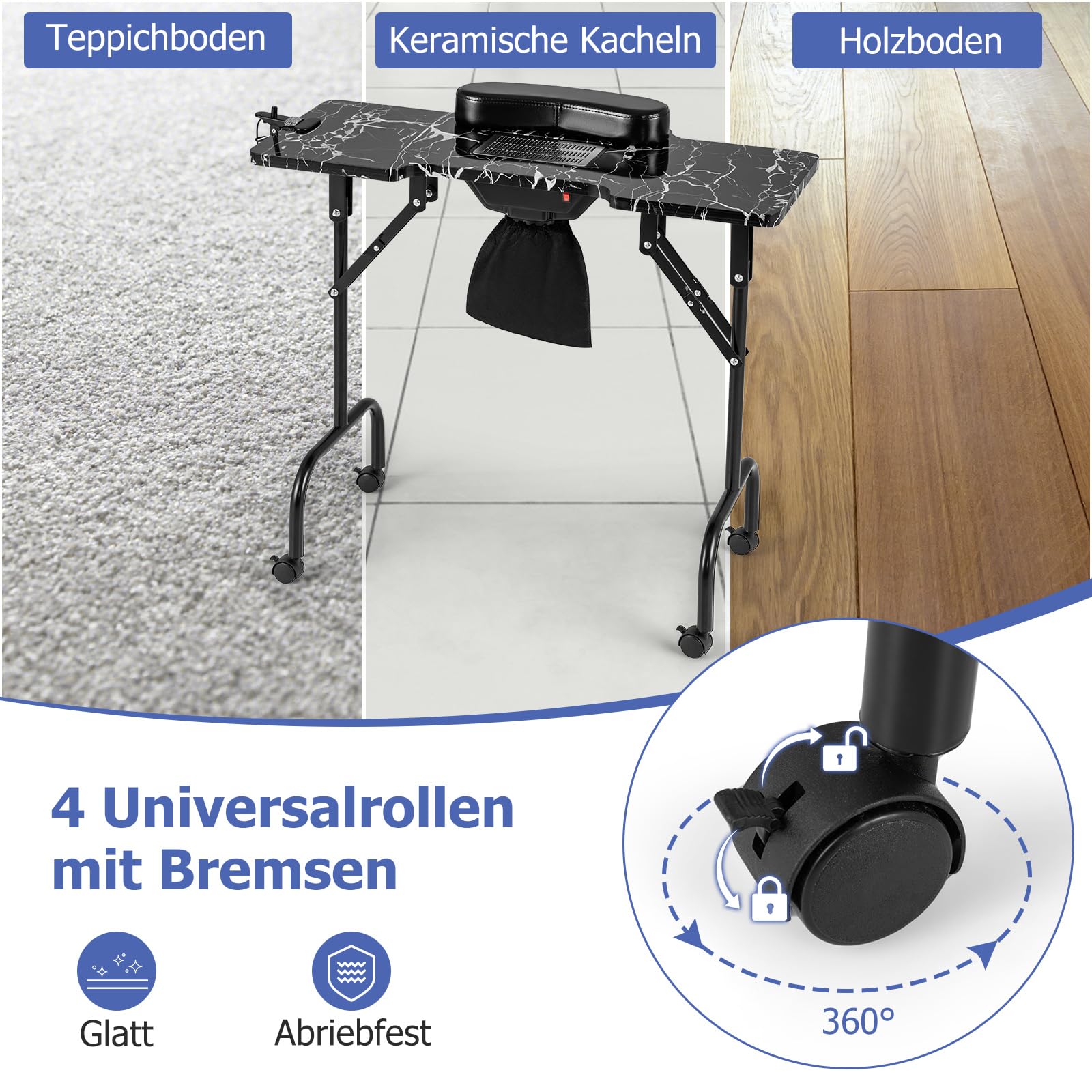 RELAX4LIFE Nageltisch mit Absaugung & LED Lampe, Mobiler Maniküretisch mit 4 Rädern, faltbar Maniküre Tisch mit Tragetasche, Nagelstudio Tisch für Zuhause, Nagelstudios, Schönheitssalons, Schwarz
