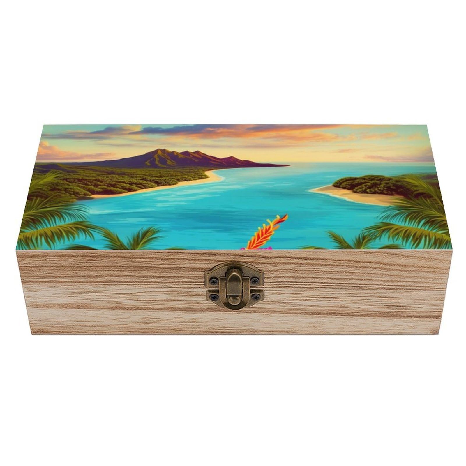 HLBSDM Hello Hawaii Memory Jewelry Wooden Box, Large Wooden Treasure Chest Boxes with Hinged Lid, Photos Storage Case for Women Men, Wooden Keepsake Box, 7.9'' X 3.9'' X2.3''