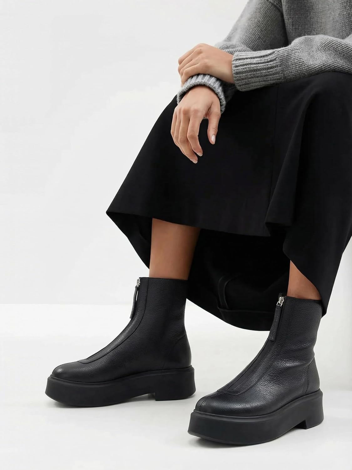 Women's Platform Ankle Boots Chunky Chelsea Short Fall Booties Front Zipper Combat Leather Boot - Image 2