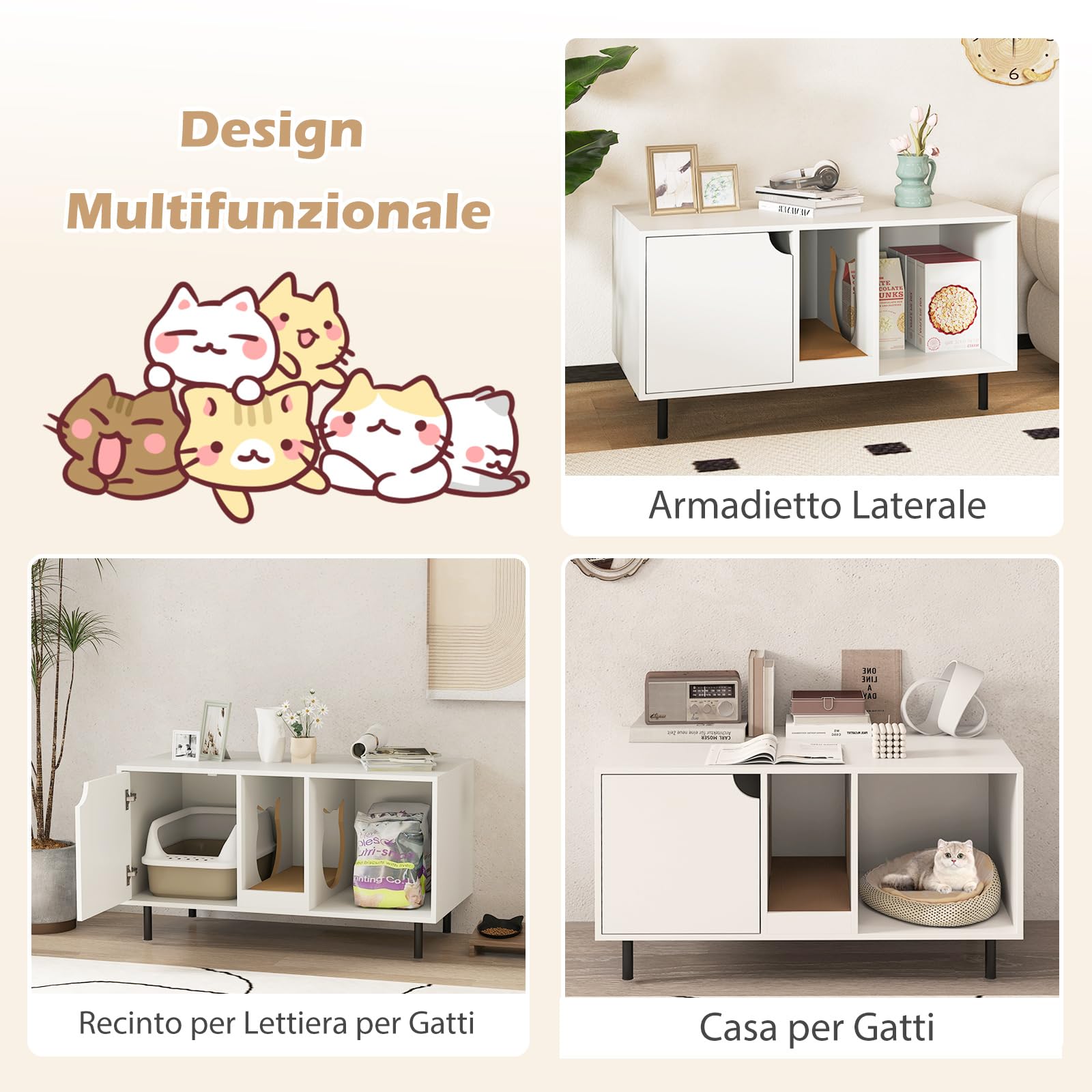 COSTWAY Lettiera Nascosto, Mobile Laterale in Legno con Ingresso a Forma di Testa di Gatto, Pannello Grattugia Rimovibile e Gambe in Metallo, Tavolino per Animali Domestici, Bianco, Portata di 120 kg