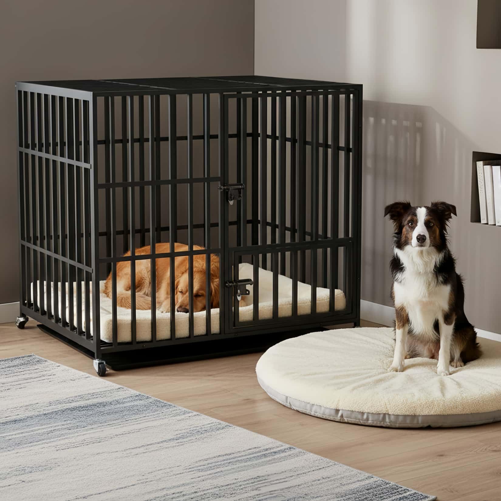 BingoPaw Jaula Perro Grande: XL Jaulas para Perros de Alta Resistencia Casa Interior Exterior Dog Crate Transporte con 4 Ruedas, 3 Puertas con Cerradura y Banjeja Extraible, 107x77.5x88.5cm
