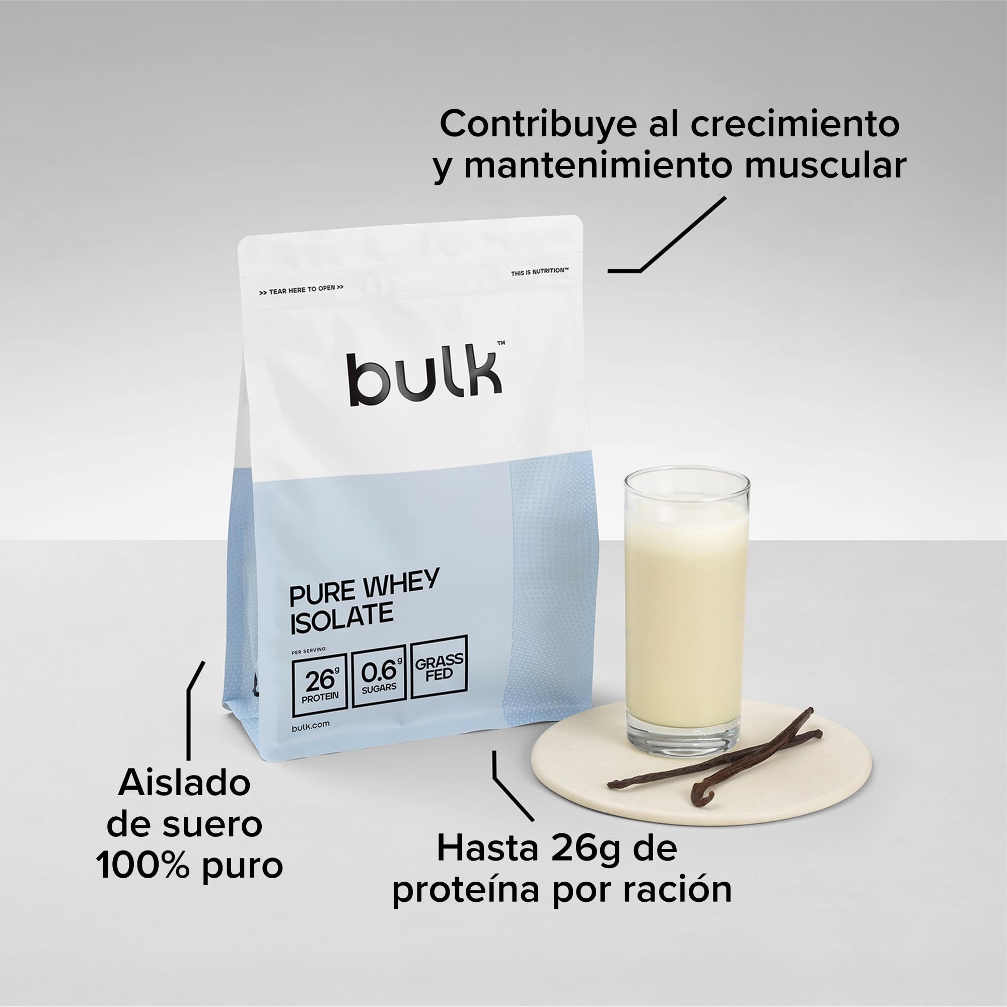 Bulk Pure Whey Isolate | Naturaleza | 26g de proteína por porción | Aislado de suero | Bajo en azúcar | Bajo en grasa | Absorción rápida | Ayuda al mantenimiento muscular | 500g