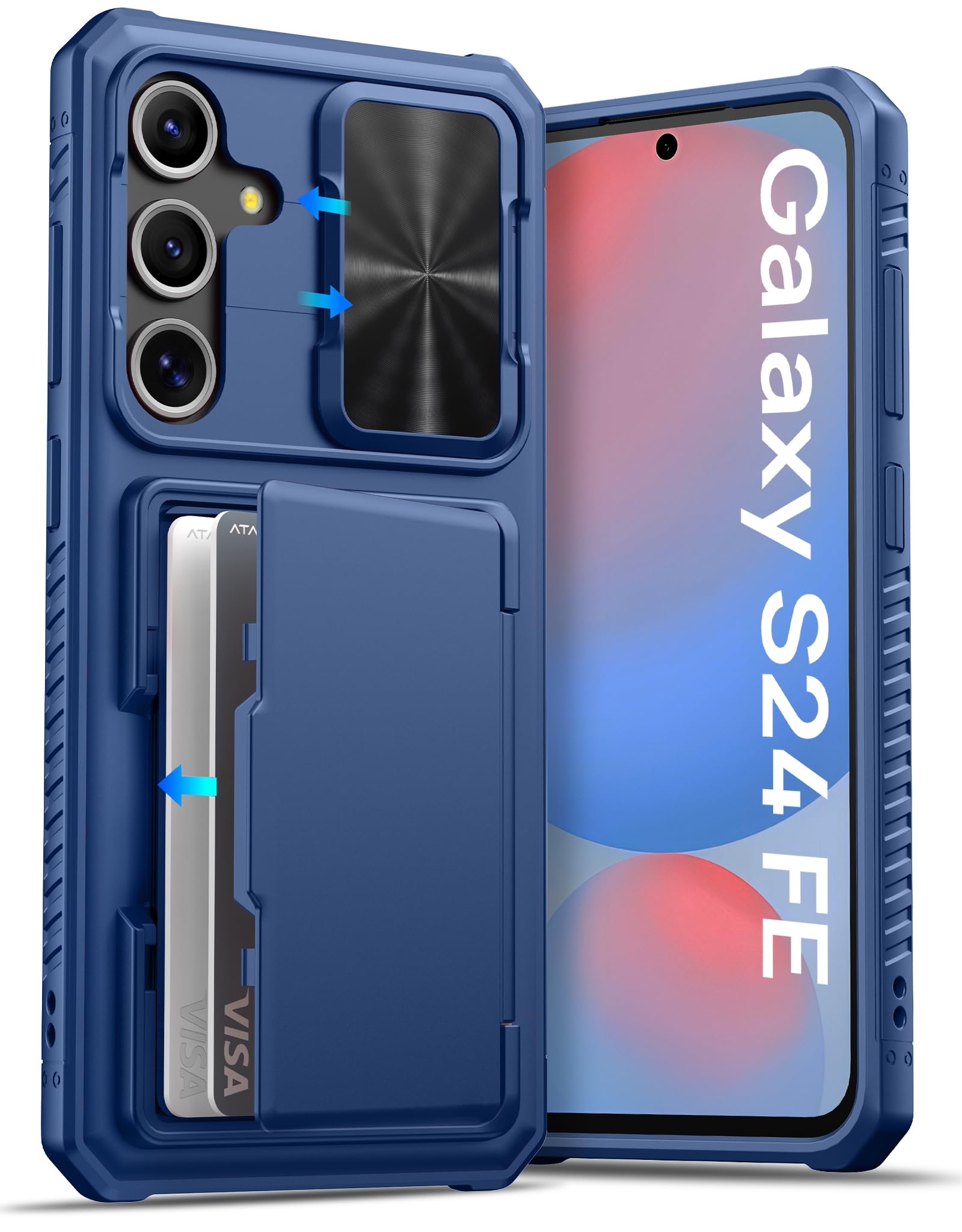 ATATOO for Samsung Galaxy S24 FE Case with Card Holder(Store 4-5 Cards) & Slide Camera Cover & RFID Blocking, Military Grade Protection, Rugged Silicone Wallet Case for S24 FE 6.7