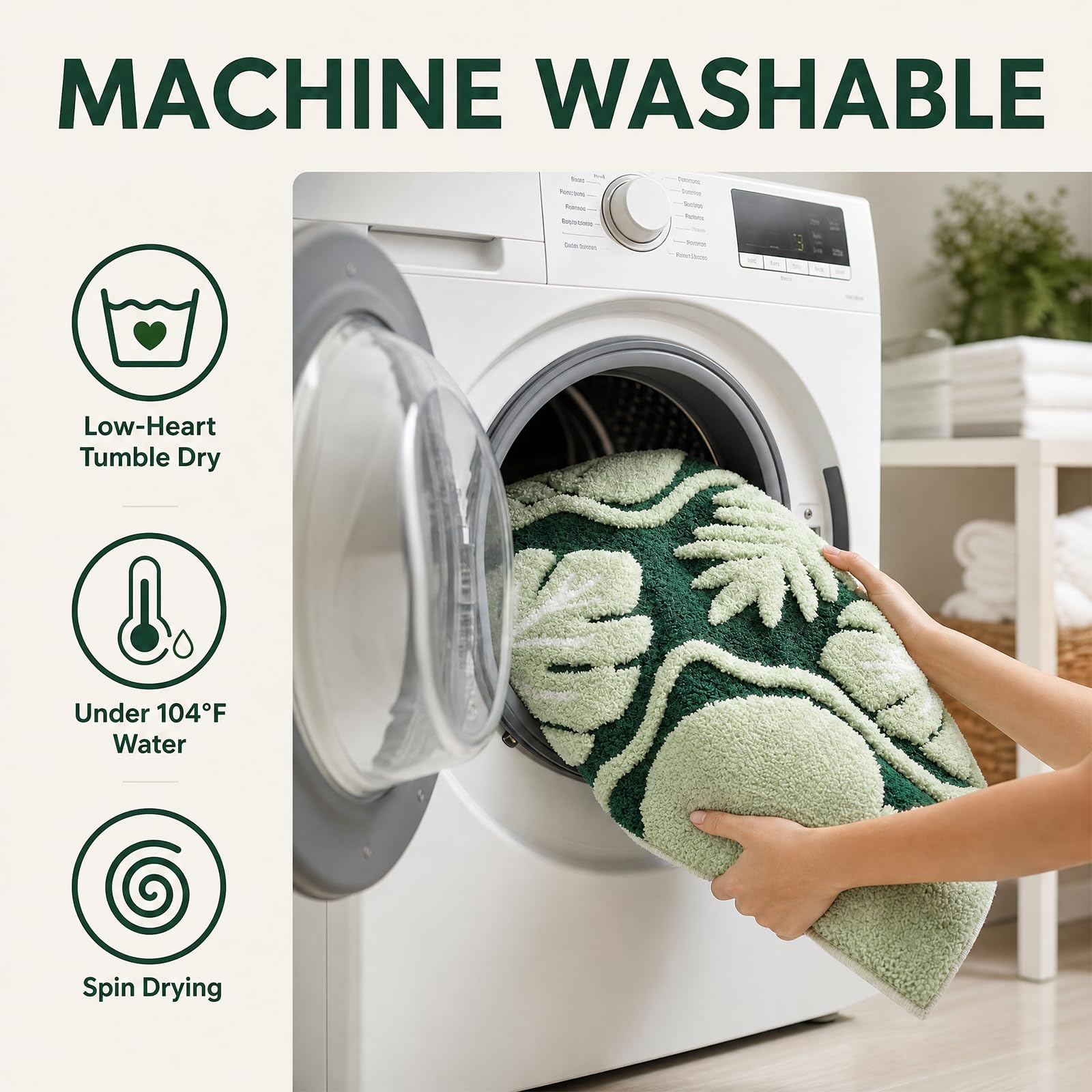 BLESWIN Tapis de Salle de Bain à Motif de Feuilles, 60 × 90 cm, Tapis de Salle de Bain antidérapant et Moelleux, fabriqué en Microfibres duveteuses, adapté à la Douche et à la Chambre,(Vert foncé)