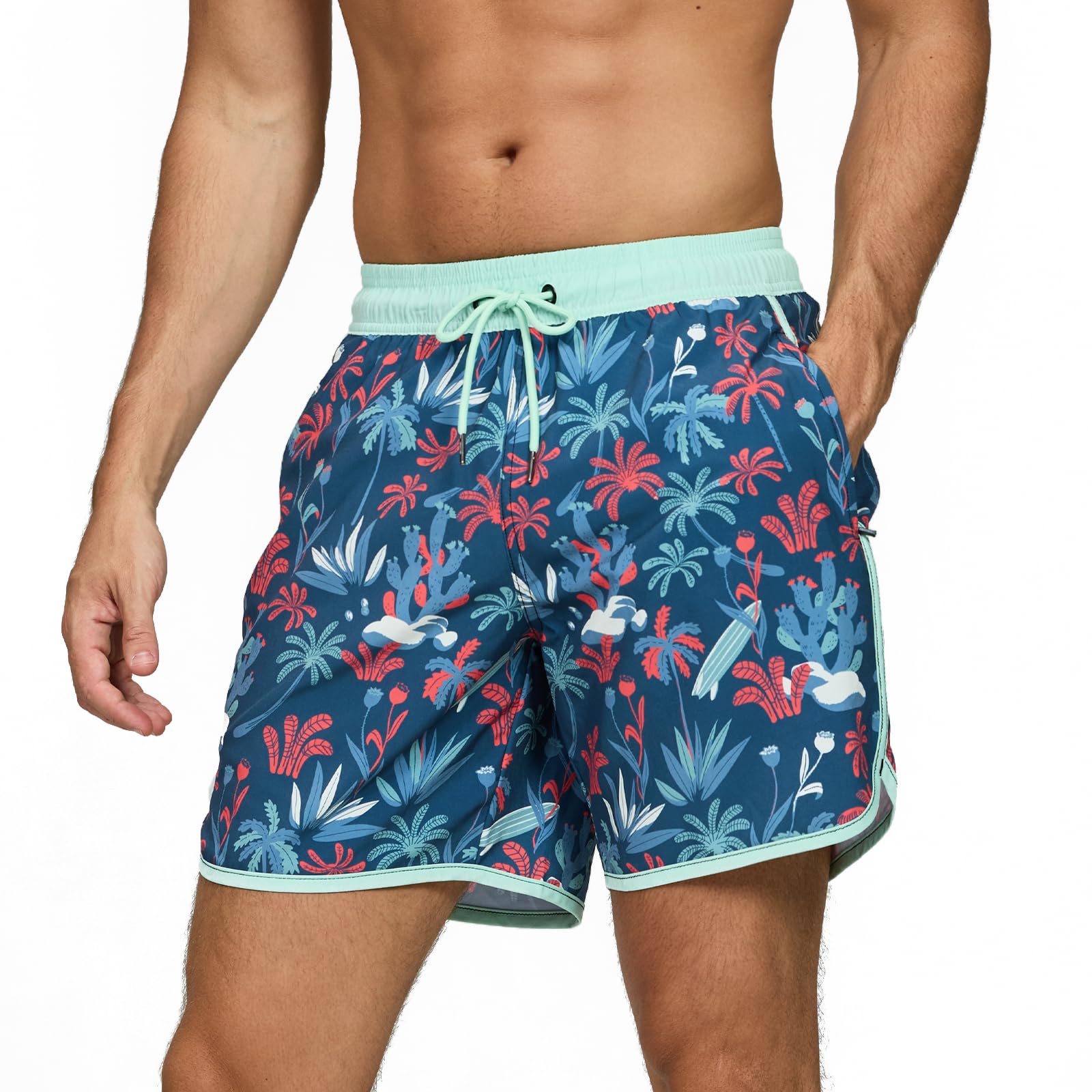 TMEOG Badehose Herren Badeshorts Männer Schwimmshorts Retro Badehosen für Herren Schnelltrocknend Bademode Kordelzug Trainingsshorts mit Reißverschlusstasche und Mesh-Futter