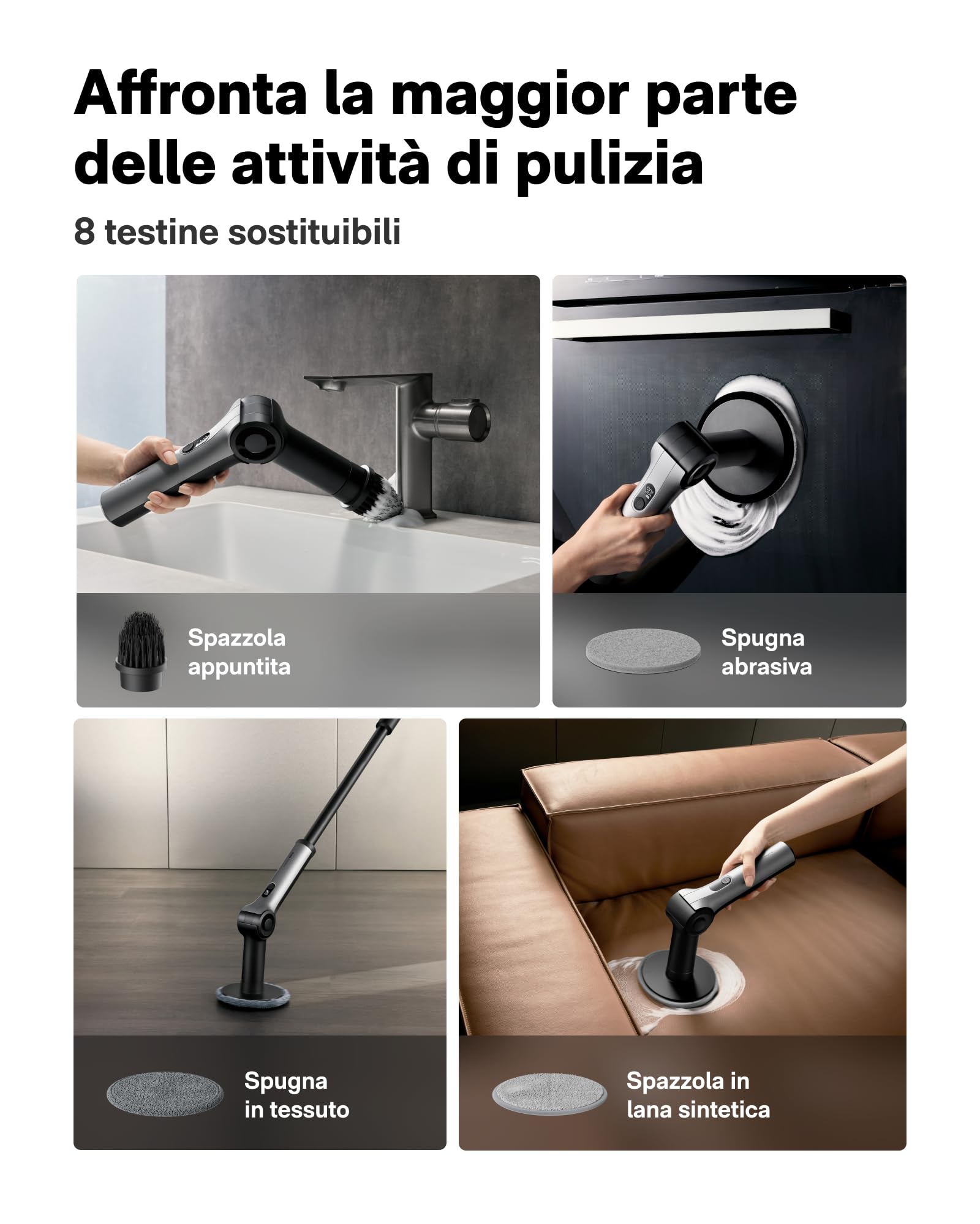 HOTO Flexi™ Spazzola Elettrica Rotante per Pulizia Casa, Angolo Regolabile, Maniglia Estendibile, Display Intelligente, Impermeabile IPX7, 8 Testine Sostituibili, per Bagno Piastrelle Vasca da Bagno