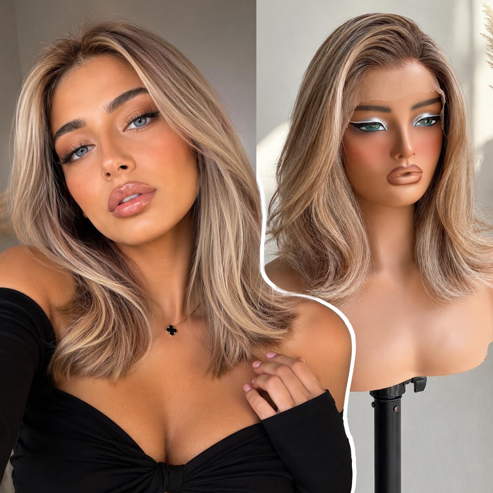 KOME Brown Bob 13×6 Synthetic Lace Front Wig for Women 14IN