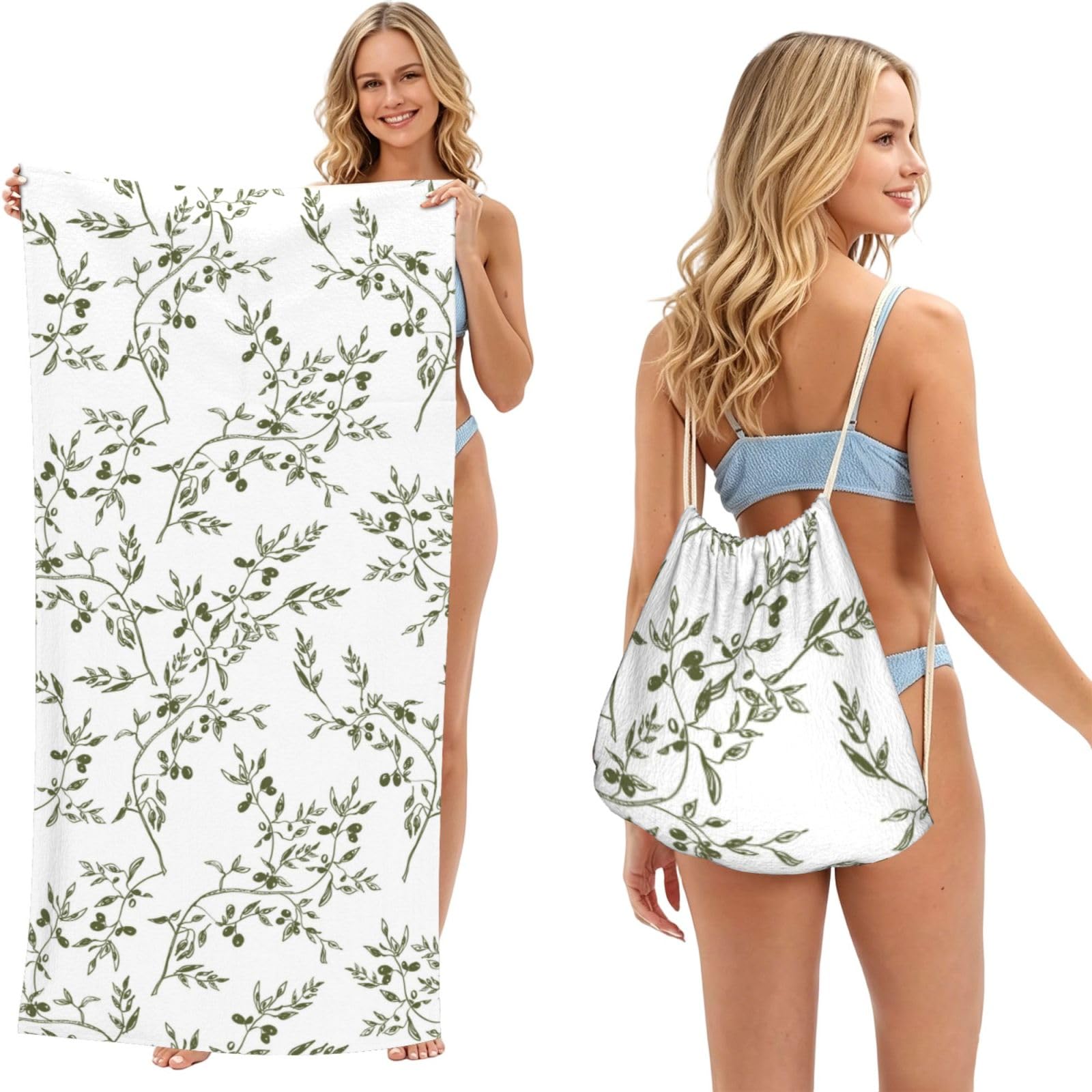 Poadnly Olive Branch Hand Drawn Food And Drink, 2 in 1 Packable Towel Bag, Beach Towels with Drawstring Backpack for Travel Holiday Camping