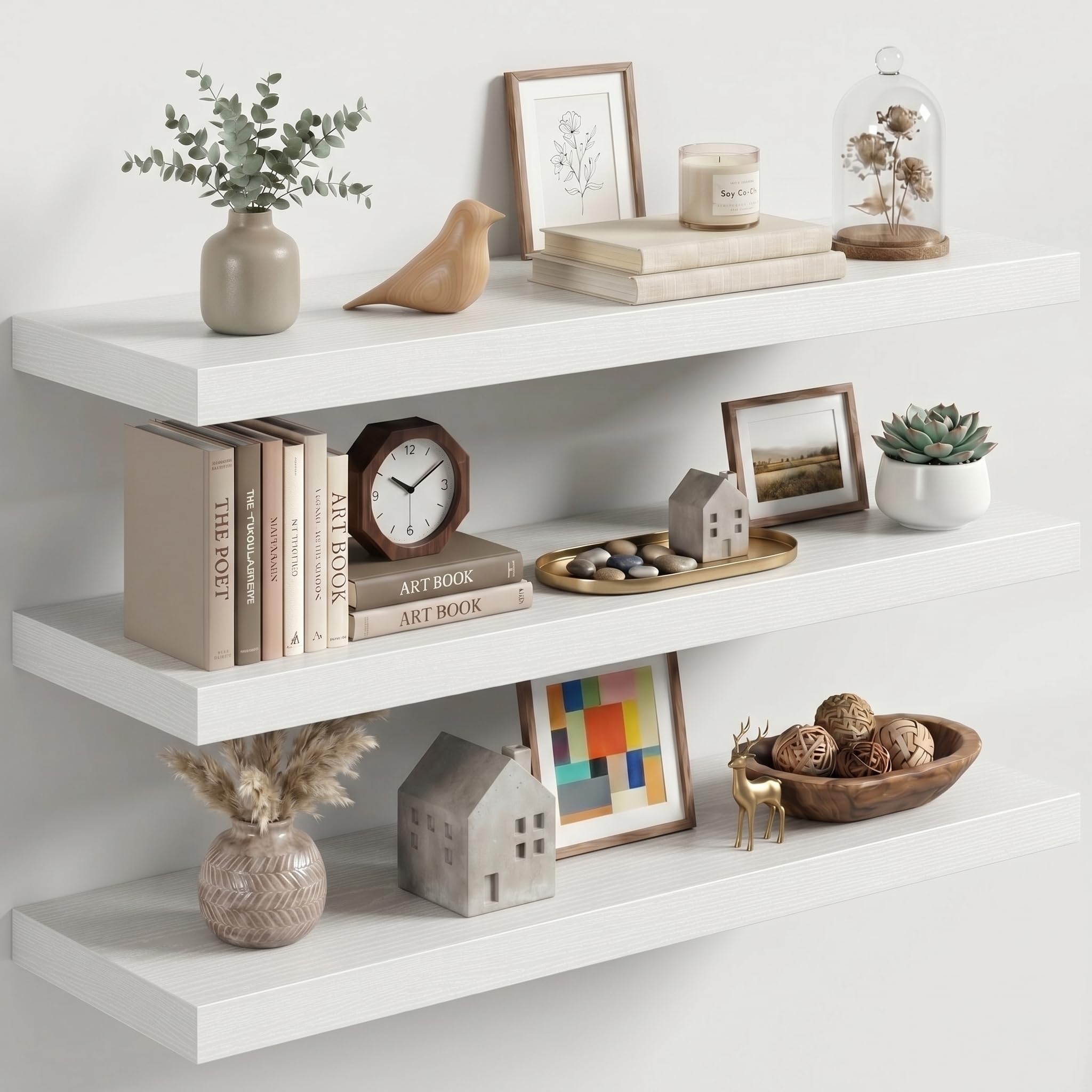 Fun Memories 32 Inch Floating Shelves for Wall, White Wood Wall Mounted Shelf with Invisible Bracket, 10 Inch Deep Large Shelves for Living Room Bathroom Bedroom, Set of 3