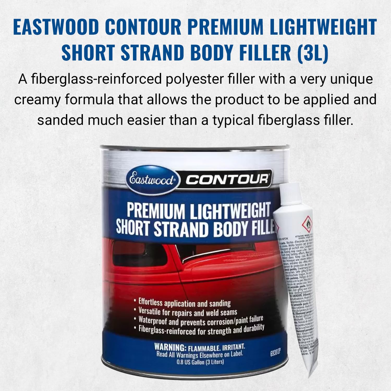 Eastwood Contour Premium Automotive Short Strand Body Filler | Lightweight Creamy Formula Fiberglass Reinforced Body Fillers for Car Bodyworks | Ideal for Body Holes, Tears, Cracks Holes & Dents | 3L