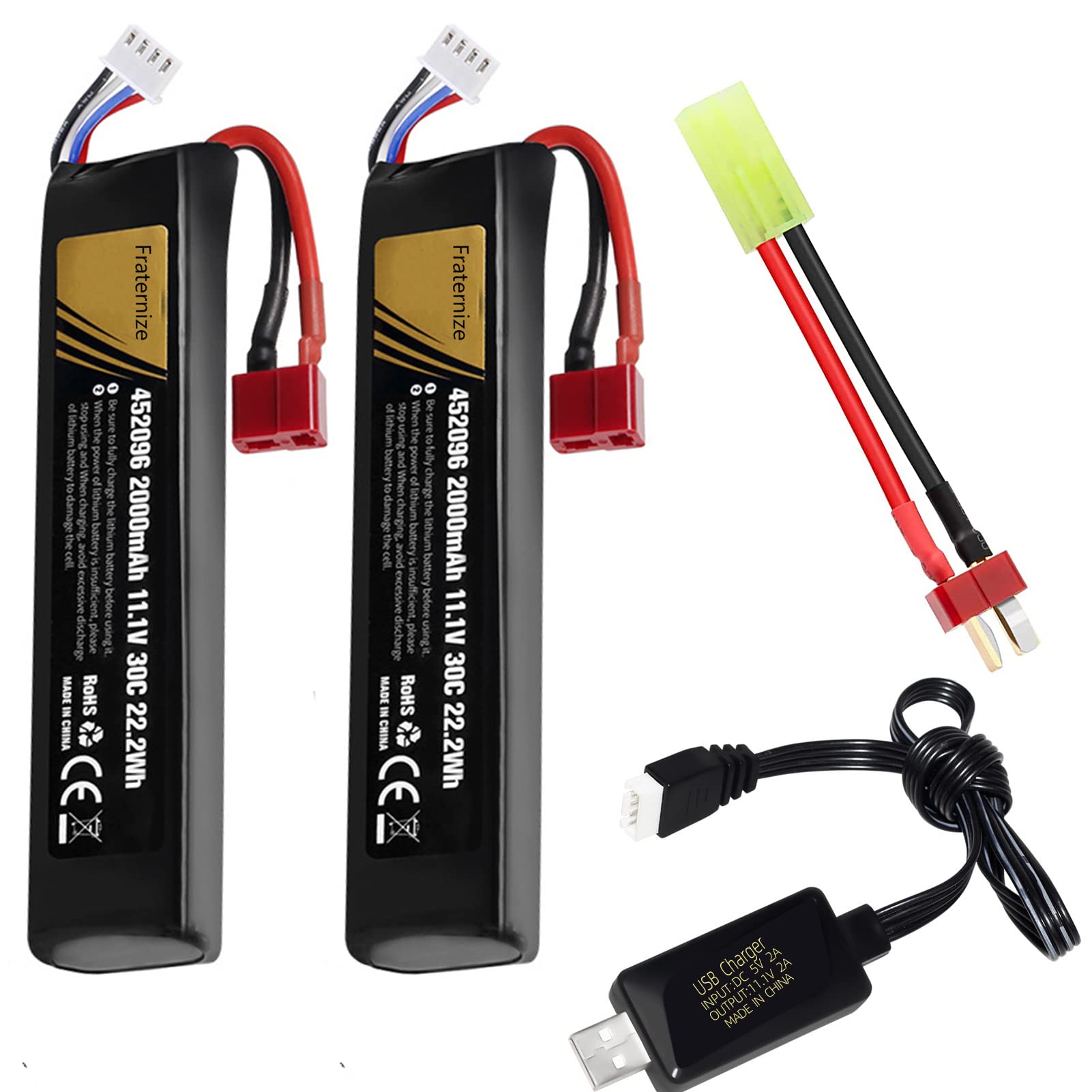 2 Pack 11.1V Airsoft Battery 2000mAh 30C Rechargeable Stick Pack Batteries Rechargeable Batteries USB Charger with T Plug to Mini Tamiya Cable for Airsoft Guns Rifle Model Gel Blaster Accessories
