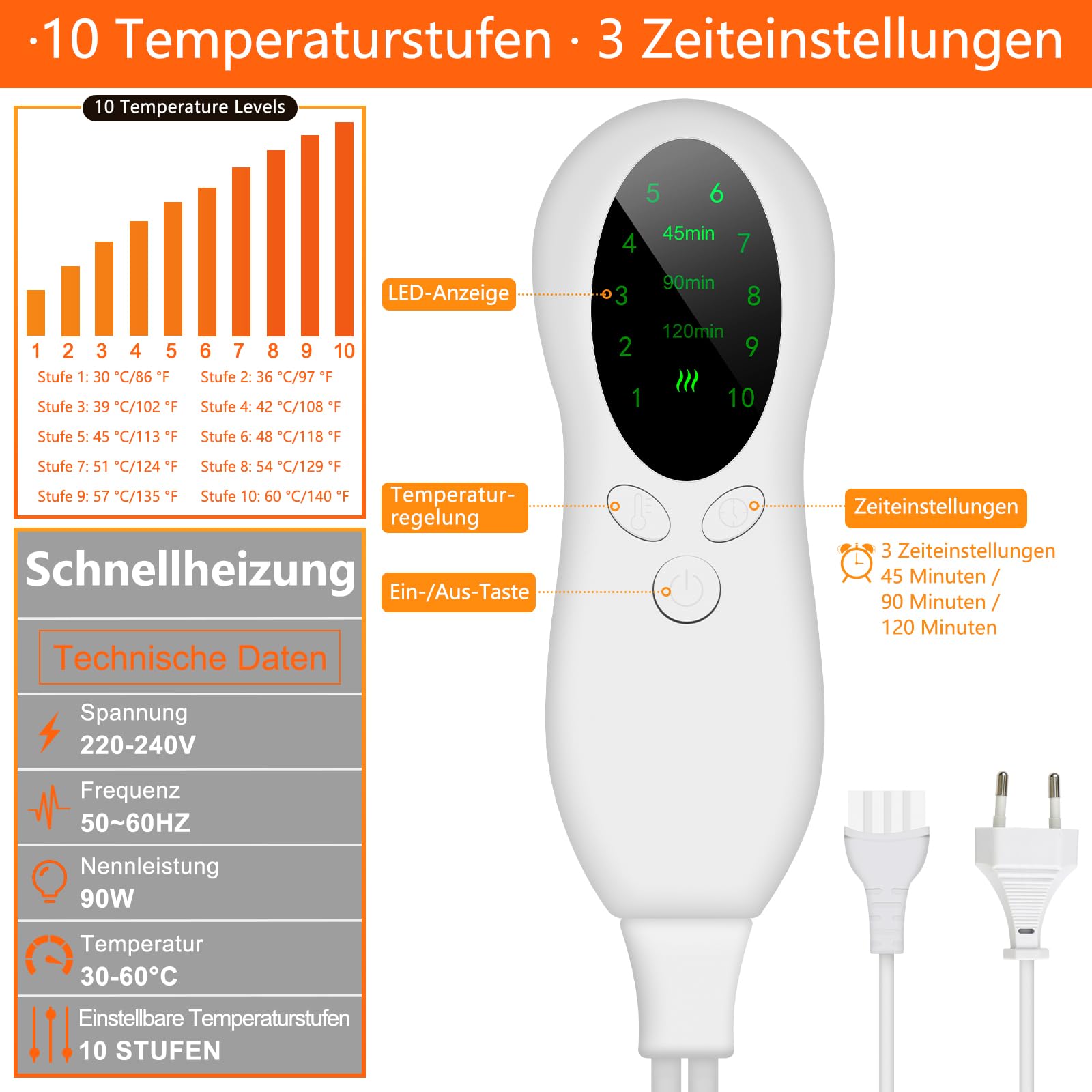 Biutee Fußwärmer Elektrisch, 10 Temperaturstufen | 3 Timer, Kuschelige Wärme für Kalte Füße, Fusswärmer Schnelle Erwärmun 30-60℃, Fußheizung für Weihnachten, Maschinenwaschbar, bis Schuhgröße 46, Grau