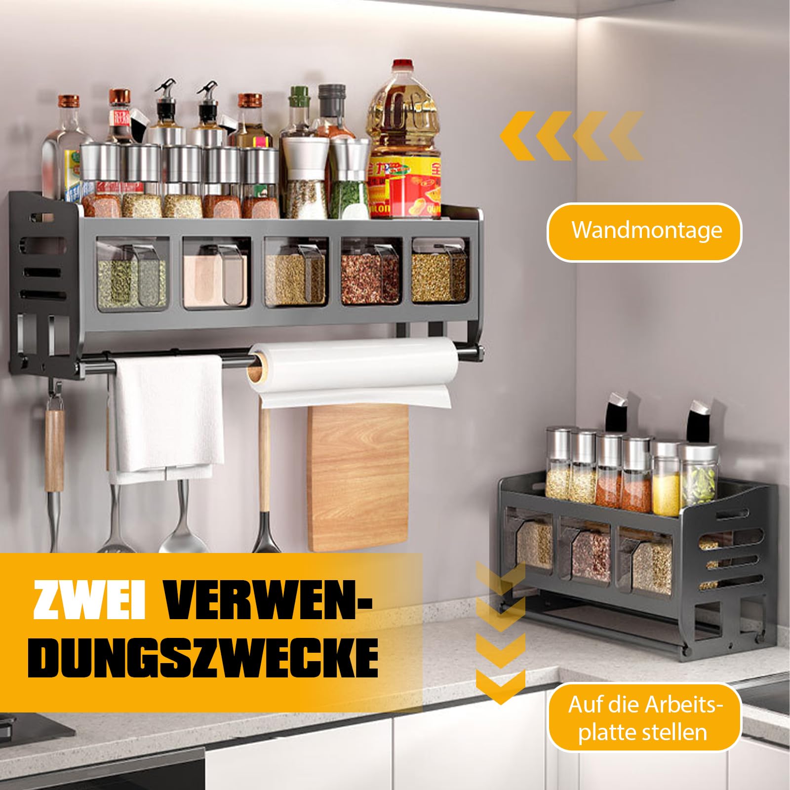 Estantería para especias de cocina con botes de especias, soporte para especias de pie y pared, con estante, soporte para papel de cocina y 12 ganchos, organizador de especias colgante con