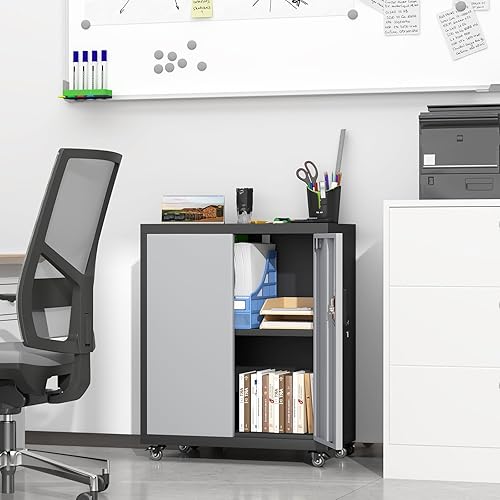 Miniatura 9 de LUCYPAL Armario de almacenamiento de metal con 2 puertas de bloqueo y 2 estantes ajustables, gabinete de almacenamiento con cerradura de acero para