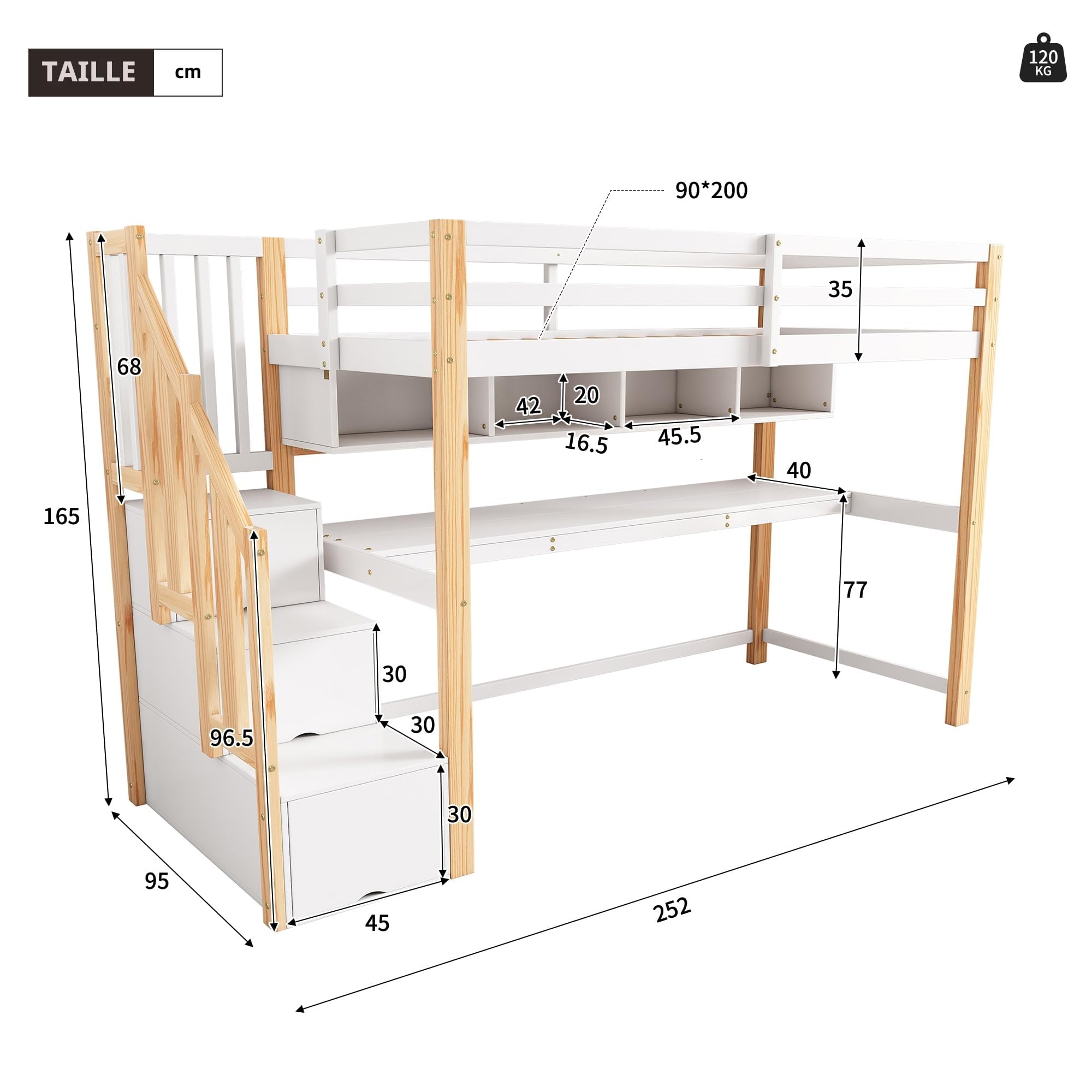 Merax Lit Mezzanine 90 x 200 cm, avec Grand Bureau et Escaliers de Rangement, Lit Enfant avec Étagères de Stockage, pour Garçon et Fille, Blanc et Bois (sans Matelas)