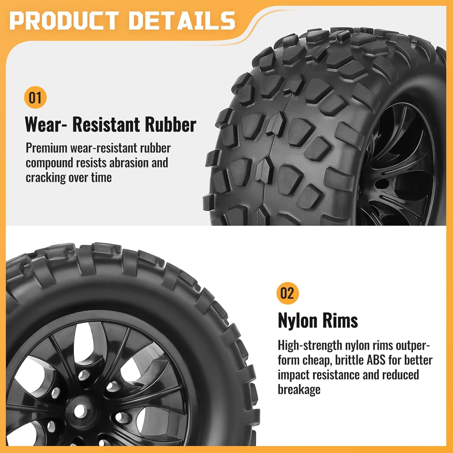 Preglued 1/10 RC Truck Wheels Tires Set 2.8" Tires 12mm Hex Compatible with Traxxas Stampede Hoss Rustler Redcat Blackout Volcano 2WD 4WD Brushless Lipo Power 2S-4S