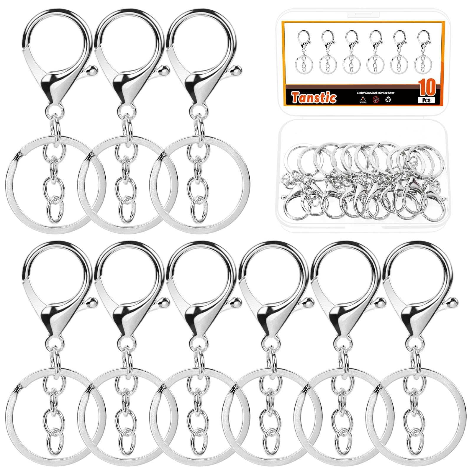 Tanstic 10 Stück weiße K-Karabinerverschlüsse für Schlüsselanhänger, Karabinerverschlüsse mit flachem Spaltring und Kette für Schlüsselanhänger-DIY-Bastelprojekte