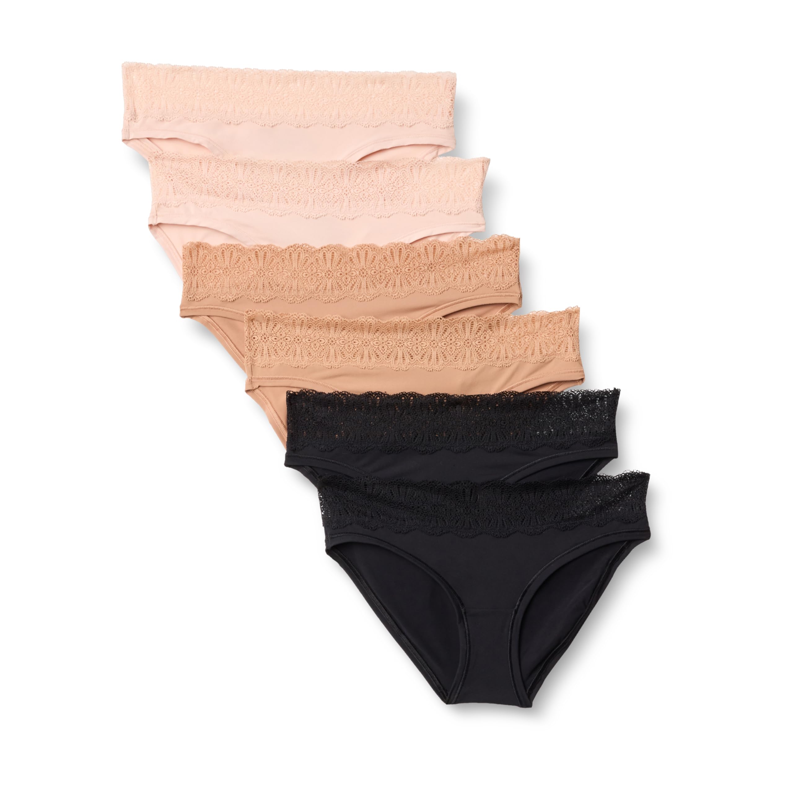Amazon Essentials Women's Peached Microfiber with Lace Trim Bikini Panty, Black/Washed Bronze/Soft Petal, X-Small