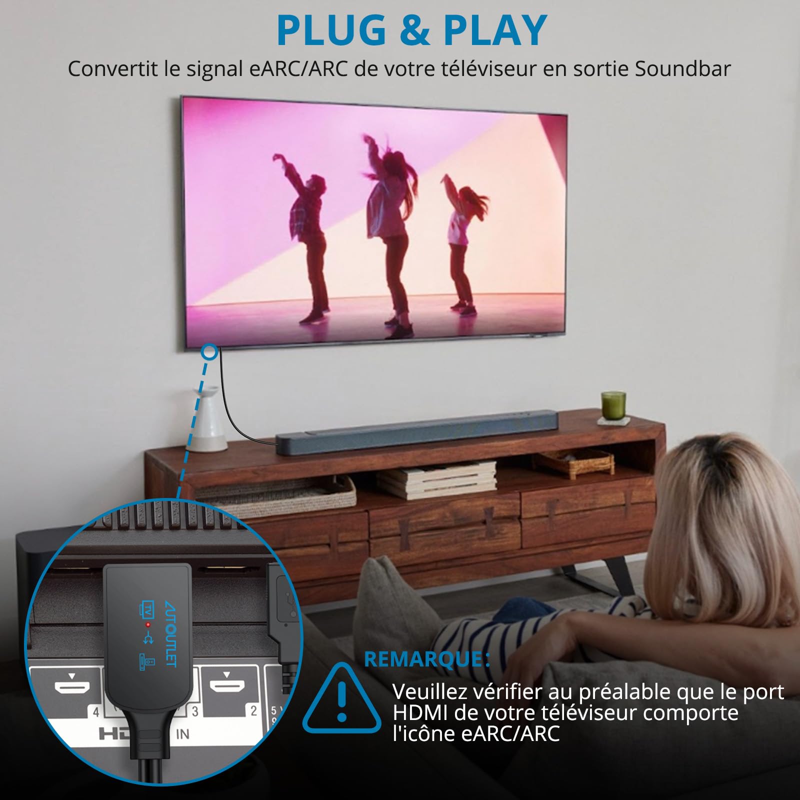 AUTOUTLET EARC/ARC Vers Câble Optique Adaptateur HDMI ARC Extracteur Audio EARC Prise En Charge 192 KHz Adaptateur HDMI ARC Vers Audio Optique/extracteur Audio ARC