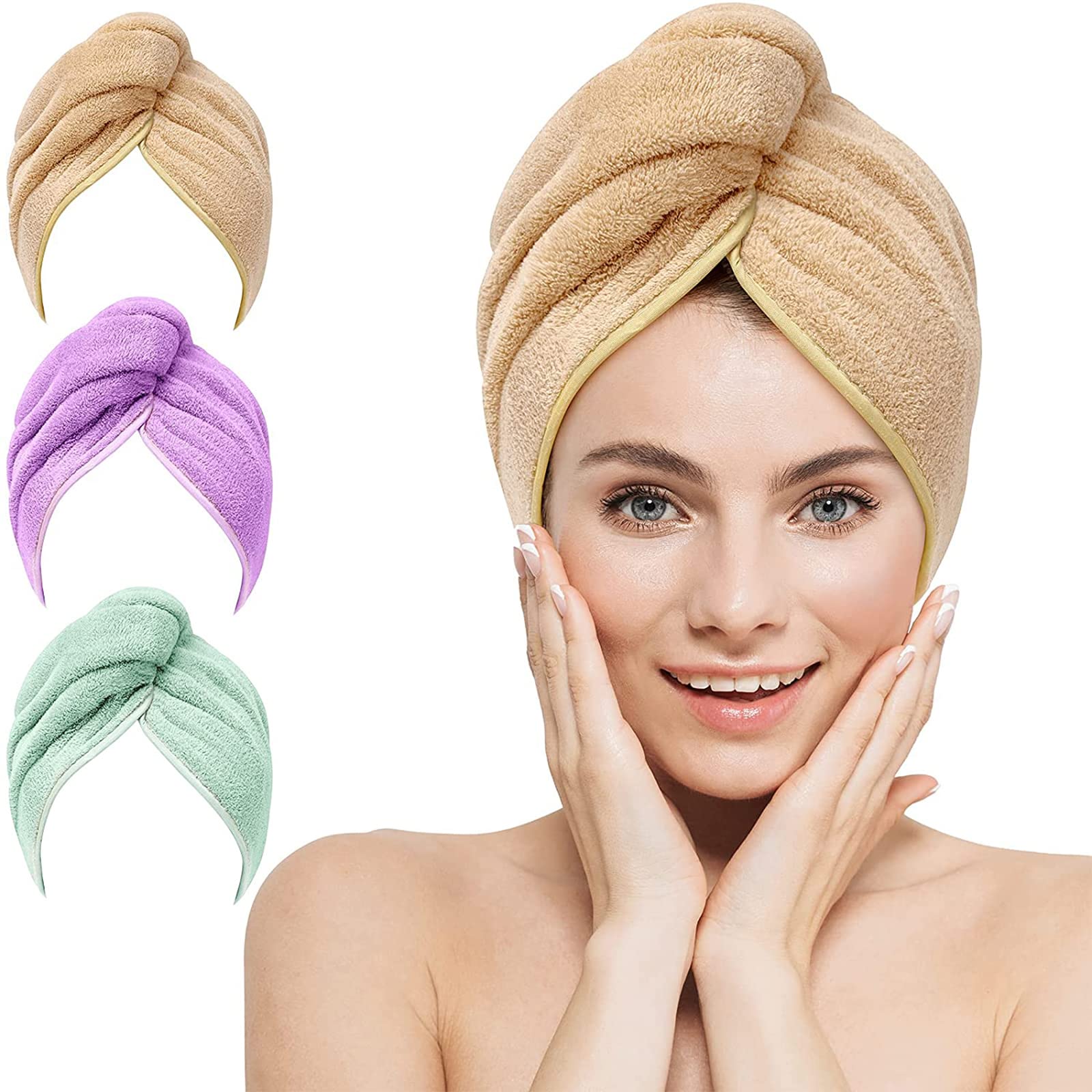 Serviette Turban Cheveux Microfibre - 2pcs - Séchage Rapide - Fibre Bambou Charbon - Gris