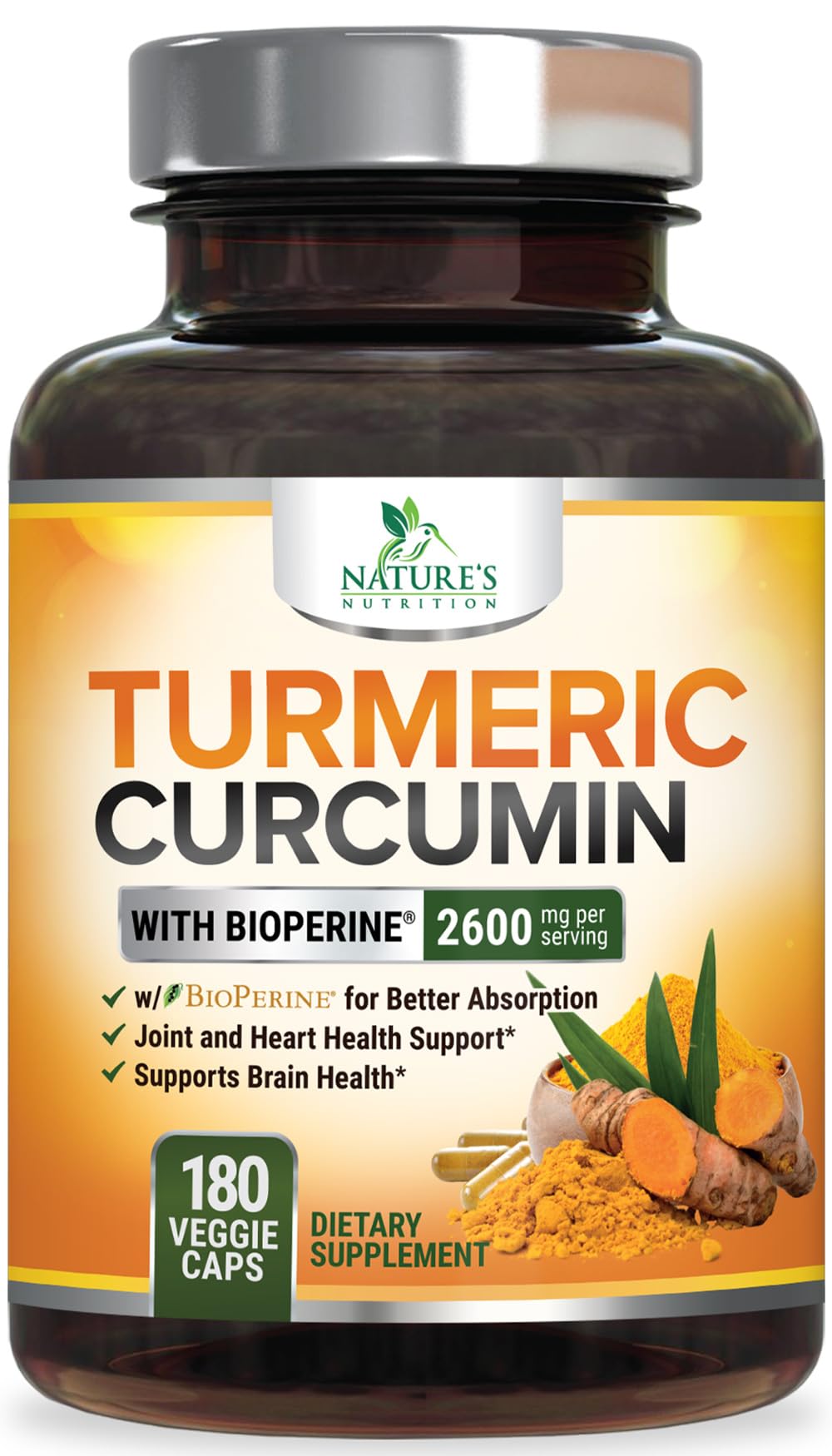 Turmeric Curcumin Supplement 2600mg - 95% Curcuminoids with Organic Turmeric & BioPerine Black Pepper Extract for Best Absorption, Natural Vegan Joint Support, Non-GMO, Bottled in USA - 180 Capsules