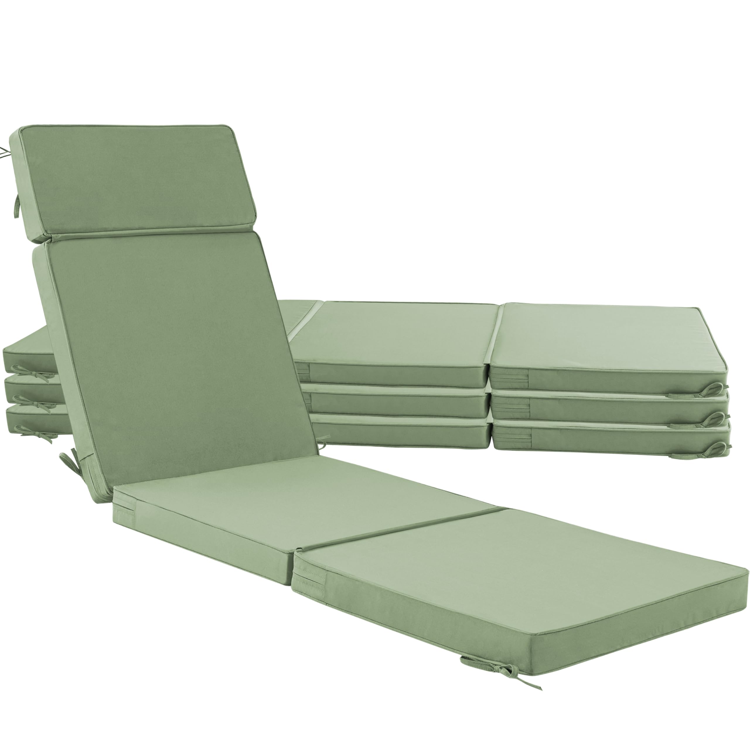 72 x 21 inch outdoor chaise lounge cushions set of 4 - removable cover, 4-section design, water-repellent & fade-resistant, 6 tie straps, replacement for patio & pool chairs - sage green