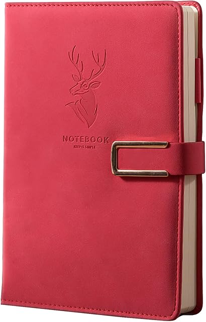 416P Super Thick Business Notebook A5 Buckle Sheepskin Notepad(Deer Head Design) PU Leather Hardcover NotepadJournal, Diary Gift (Red)