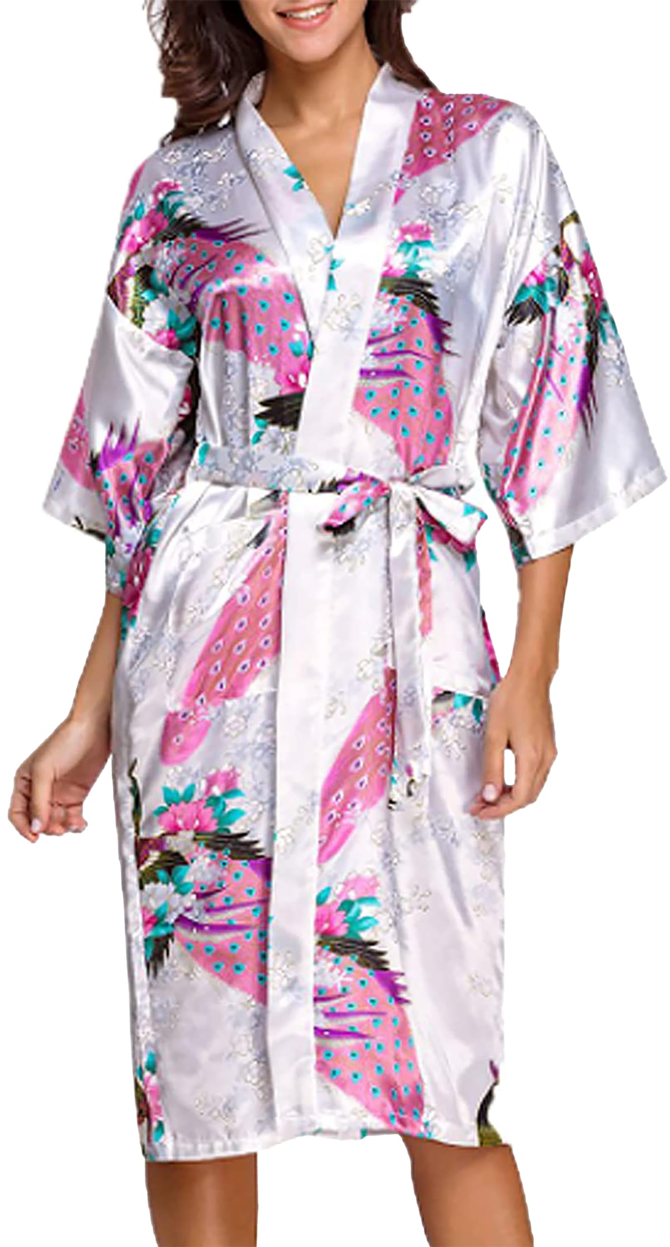 TRIFOLIUM Bata Kimono y Camisón de Seda Satinada con Estampado de Pavo Real para la Boda, Négligé y Vestido de Noche