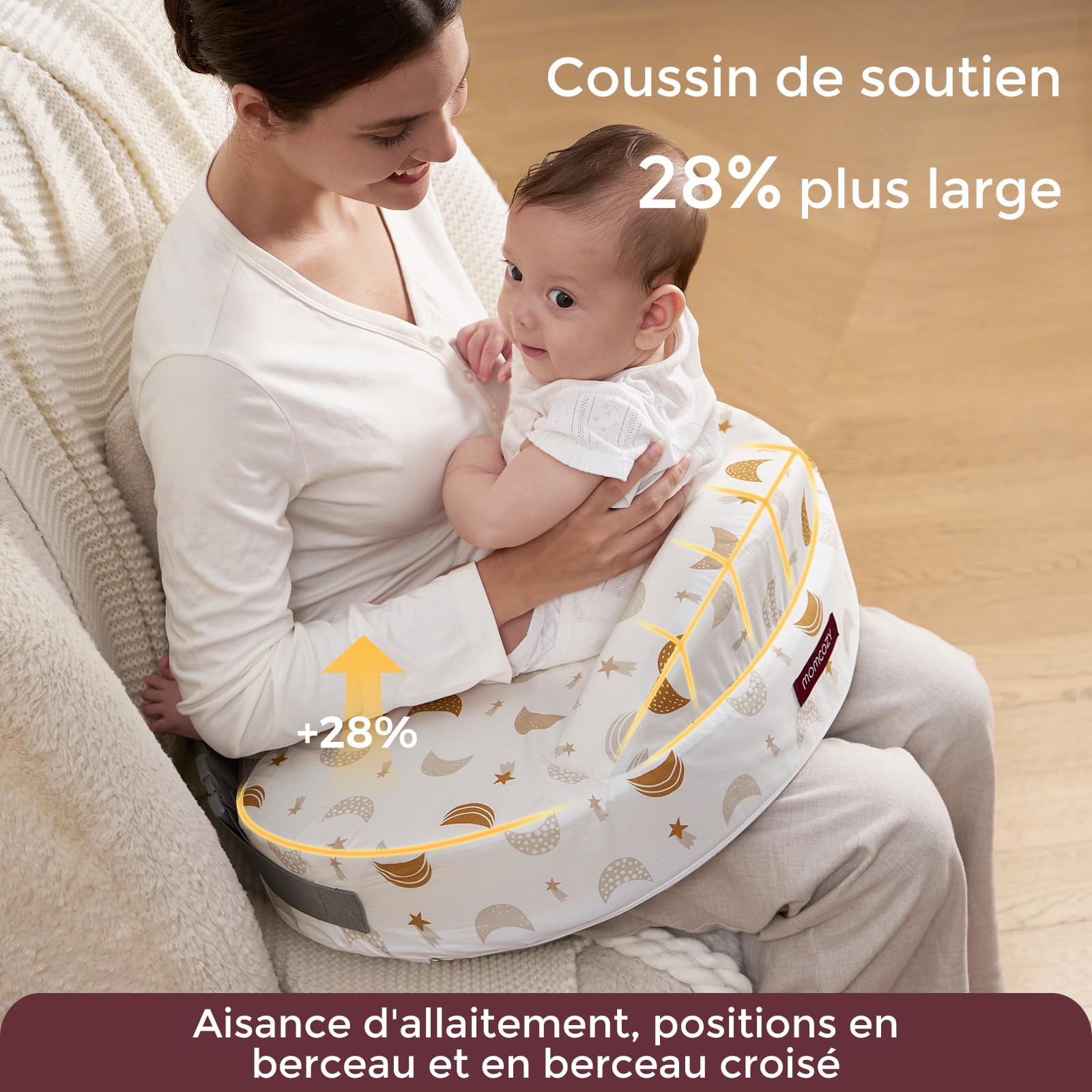 momcozy Coussin d'allaitement à Protection Sécurisée - Mousse Mémoire Ferme et Élastique - Soutien Ergonomique Stable - Large, Réglable, Housse Amovible, Ciel Étoilé