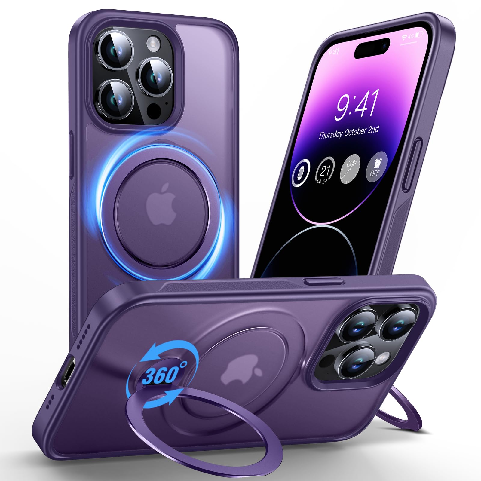 TORRAS UPRO Ostand Coque IPhone 14 Pro Pour MagSafe Avec Support Invisible (Magnétique Puissant) (Porte-anneau Pratique) Coque IPhone 14 Pro MagSafe Antichoc IPhone 14 Pro Coque Translucide Mat Violet