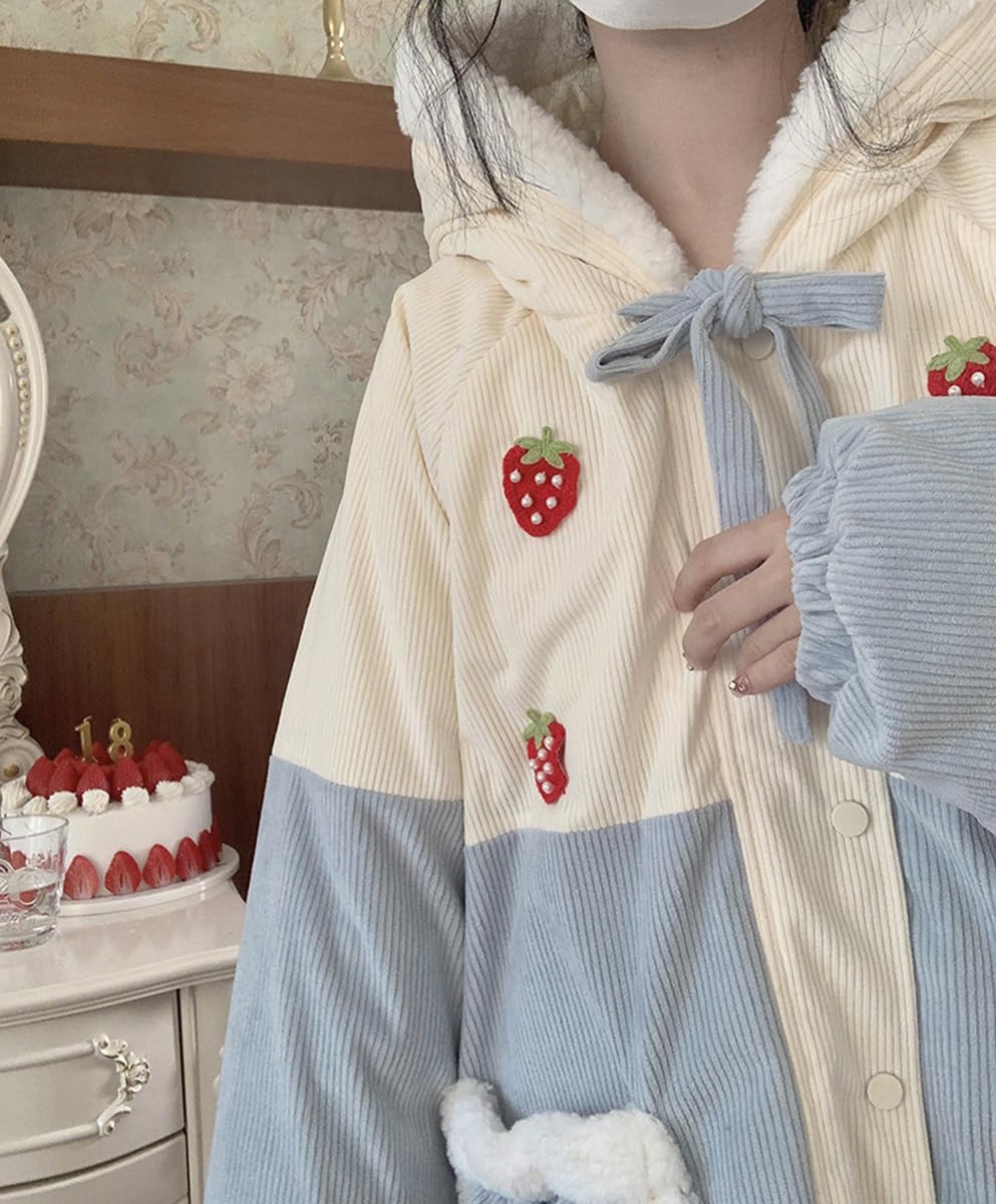 Damen-Winterjacke aus Cord, für Teenager, Mädchen, Oberbekleidung, warm, niedlich, Erdbeere, Reißverschluss, Fleece, flauschig, mit Kapuze, Blau, Größe M, Blau, M