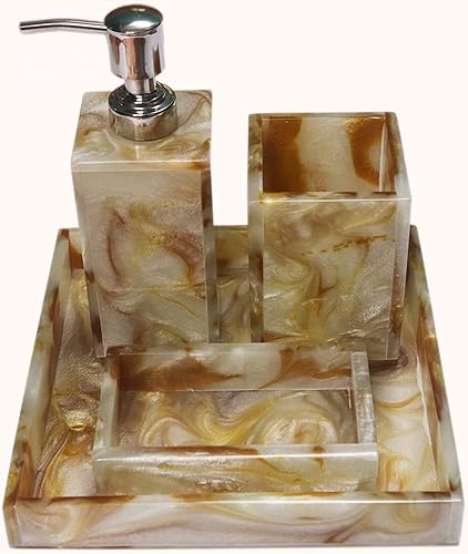 Decor Home - Juego de 4 accesorios de baño de material de resina, dispensador de jabón, juego de baño único con acabado de mármol, bandeja para