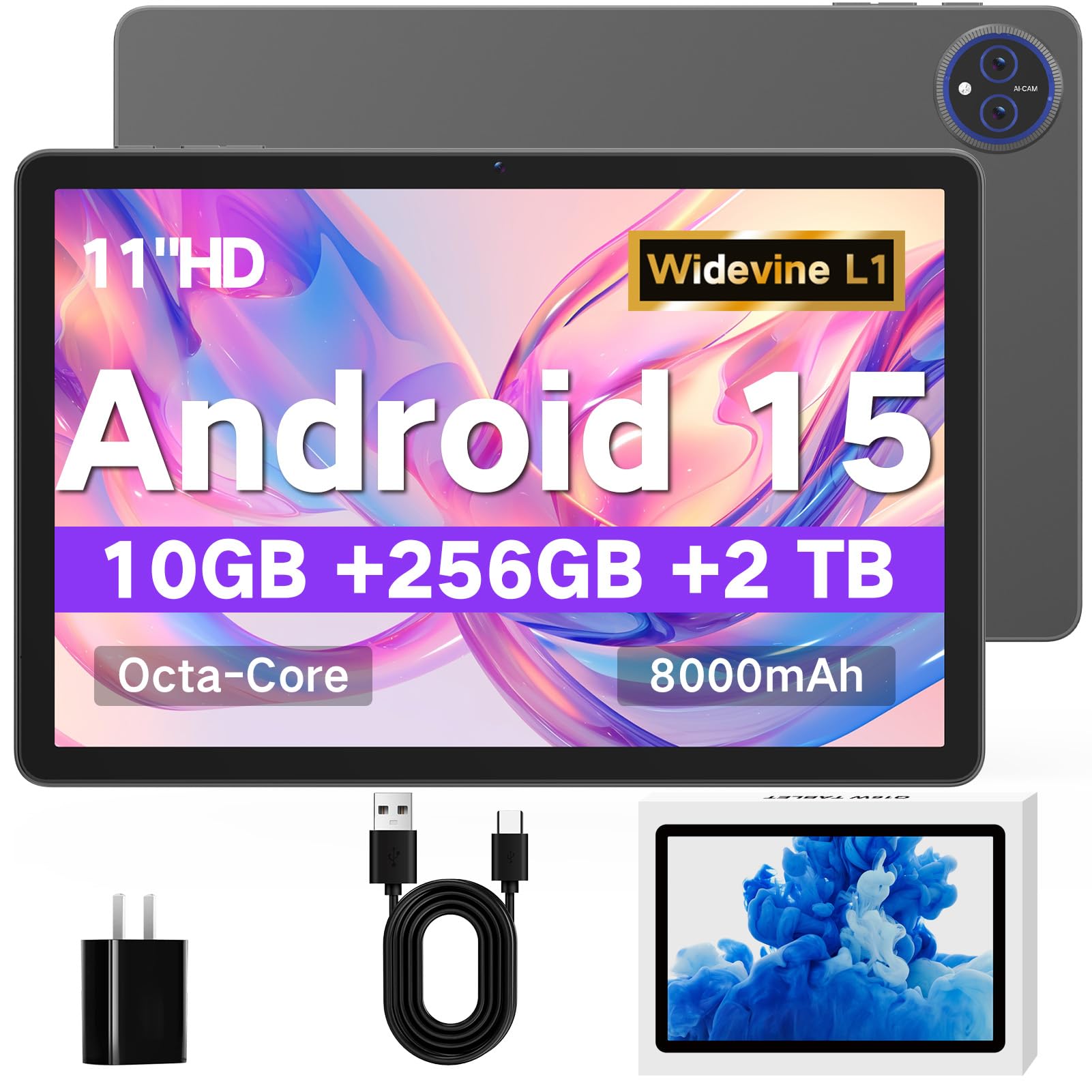 JUNYANG Tablets, 11 inch Android 15 Tablet, 10GB RAM+256GB ROM (2TB Expand)