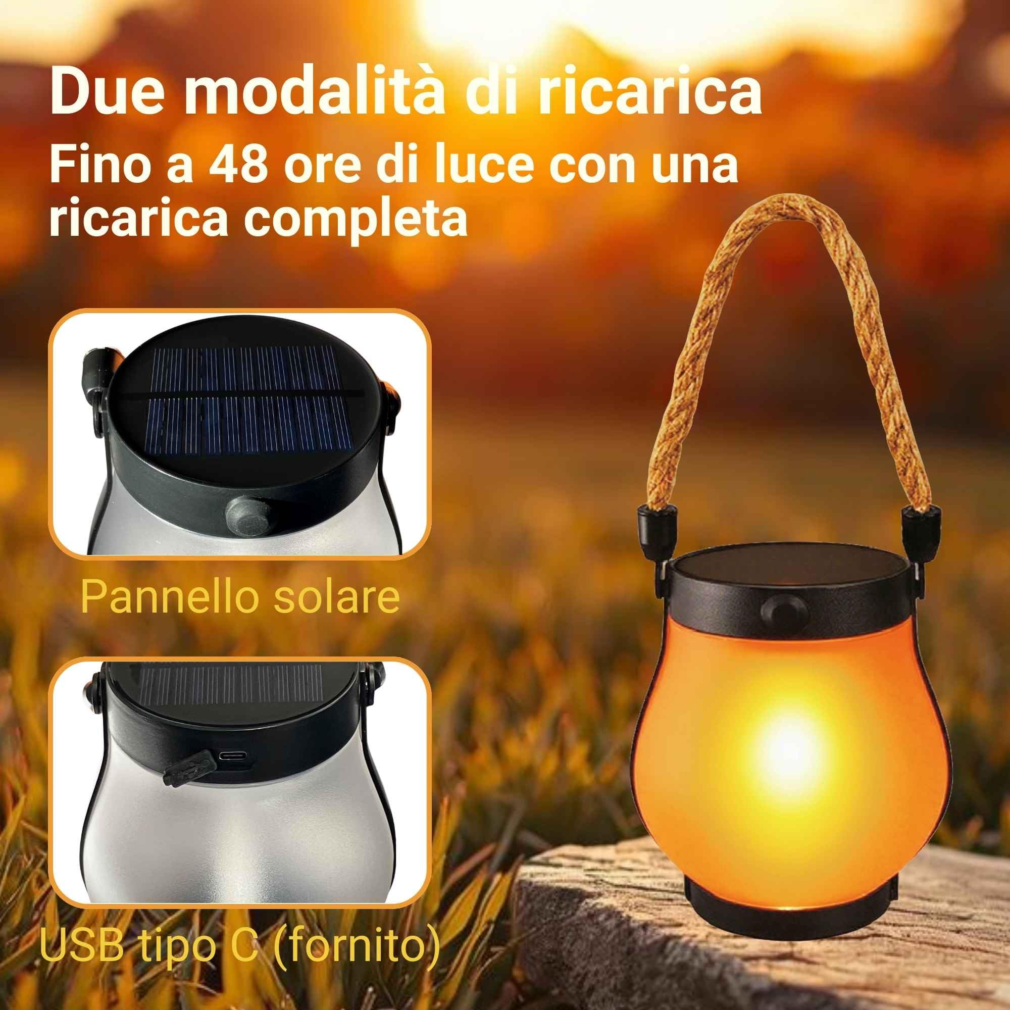 Sigmaled lighting - Lampada Solare Effetto Fiamma o Luce Continua, Lanterna da Esterno LED IP44 Crepuscolare, Lampade da Giardino a Ricarica Solare oppure USB, 48-50 Ore di Autonomia, 2 pezzi