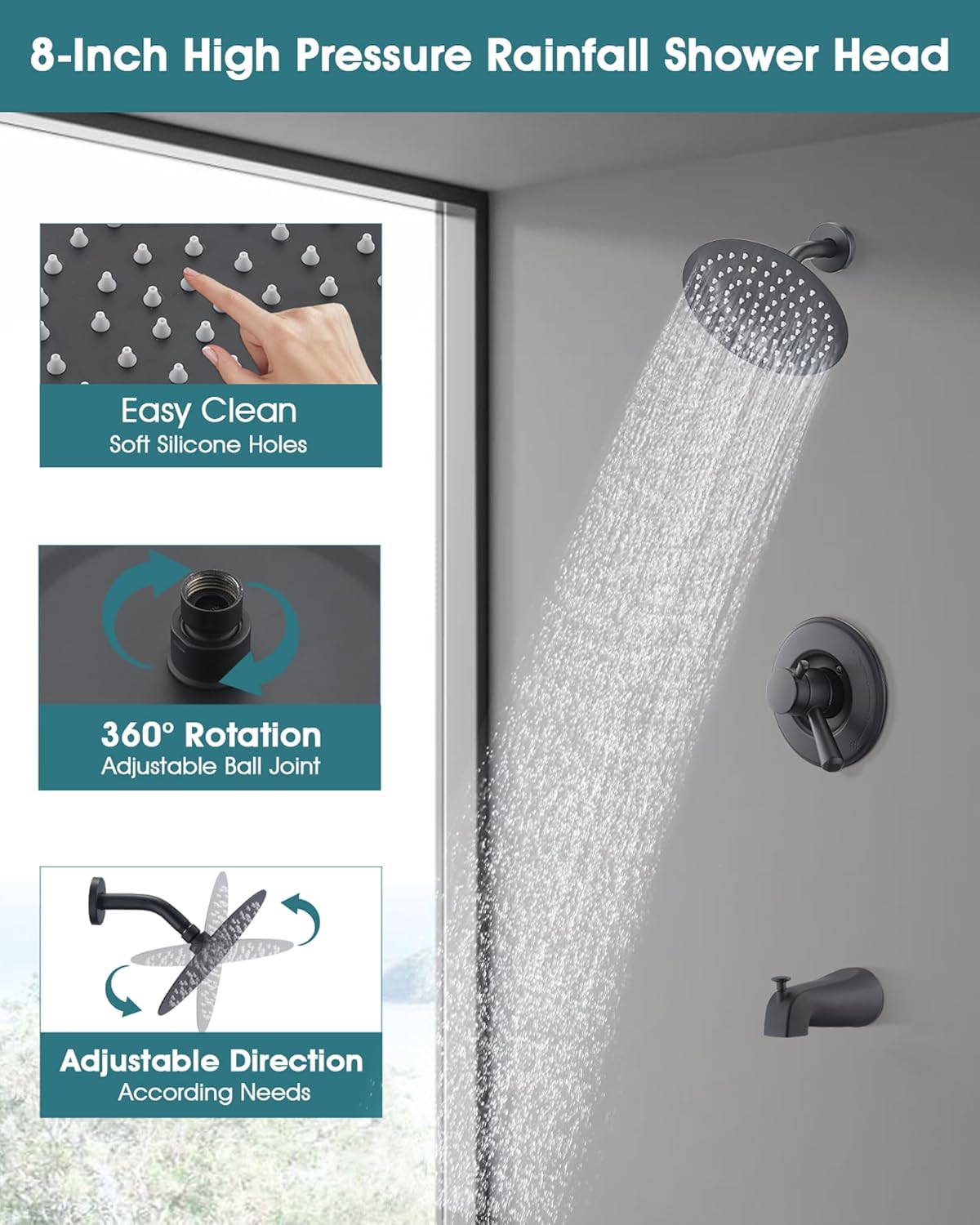 8" Rain Shower Faucet Compatible with 17& 1700 Series Tub Trim Kit, High Pressure Round Rain Shower Head& Handle Set, Matte Black (Valve& Catridge Not Inclued)